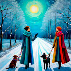 Women Walking Dogs on Snowy Tree-Lined Road