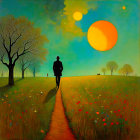 Solitary Man Walking on Winding Dirt Path in Meadow