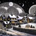 Black and White Illustration of a Snow-Covered Village
