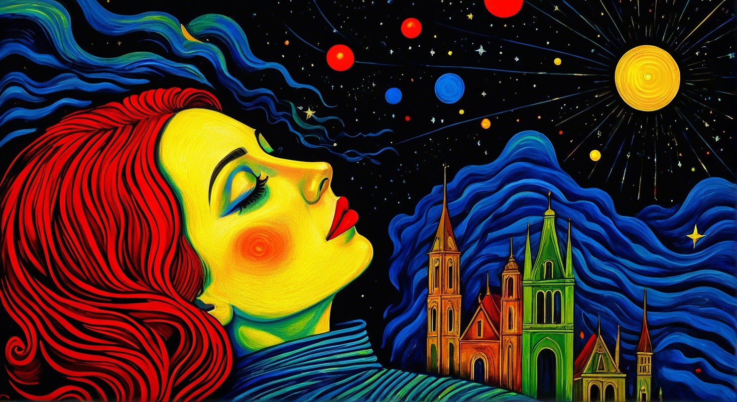 Colorful Psychedelic Painting of Woman and Night Sky
