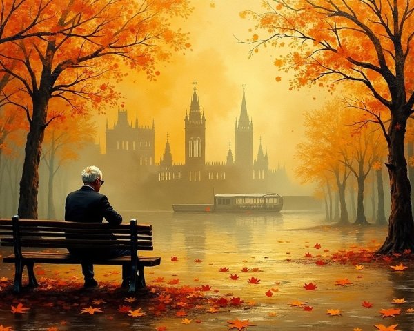 Elderly Man by River with Autumn Trees and Mist