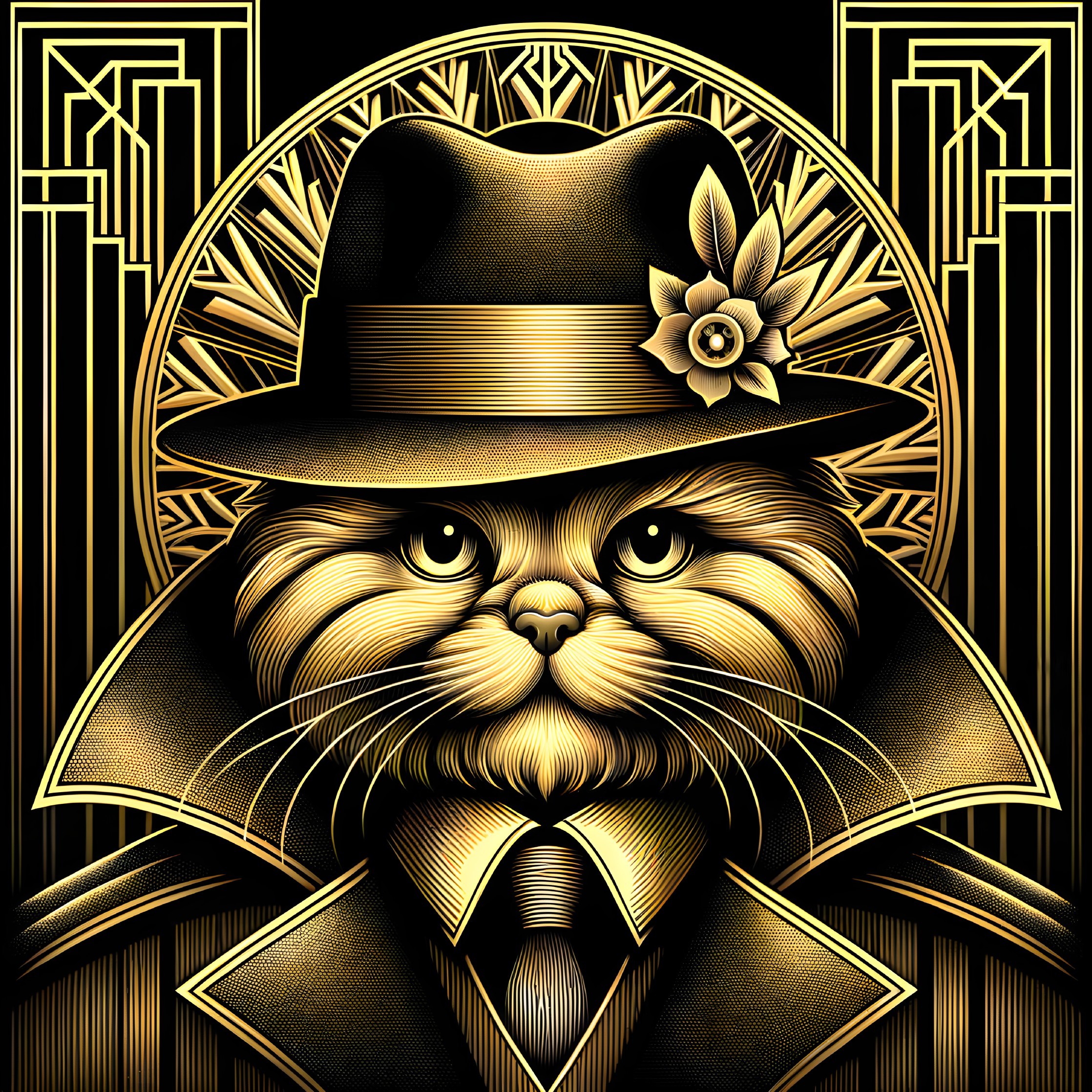 Stylized Cat in Detective Outfit with Art Deco Design