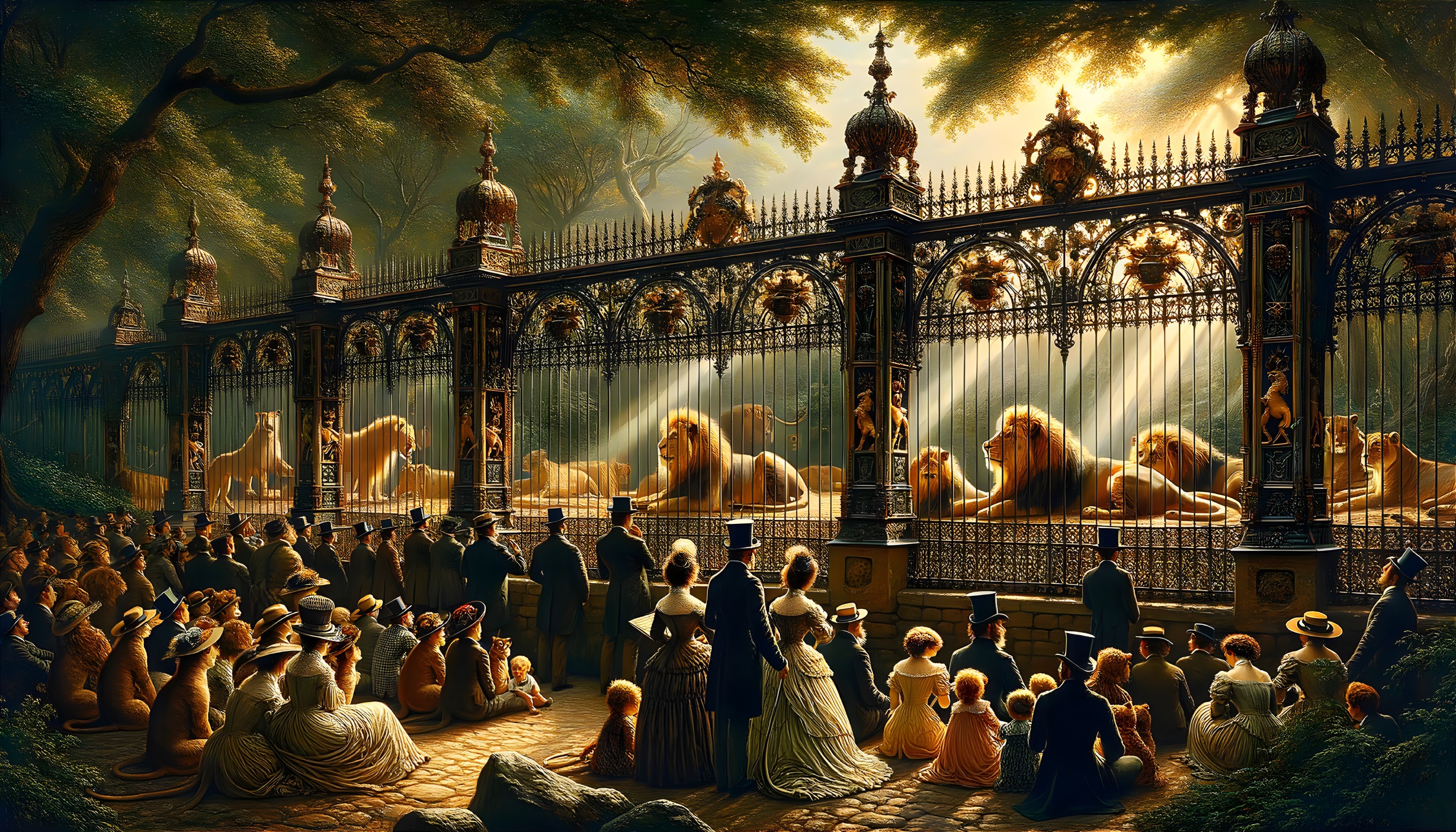 Victorian Crowd Observing Lions in Gilded Cage