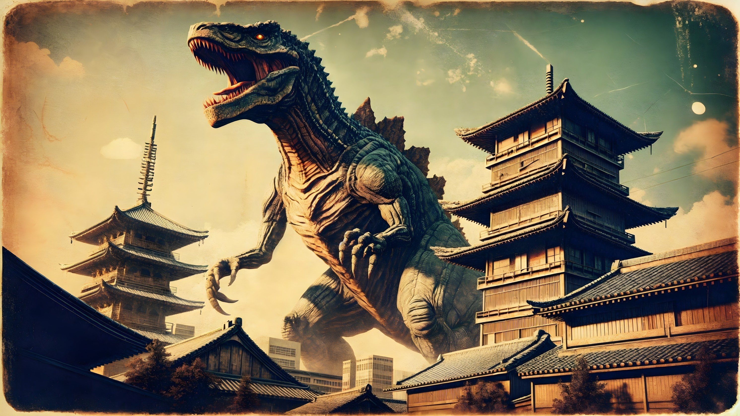 Dinosaur Overlooks Traditional Japanese Architecture