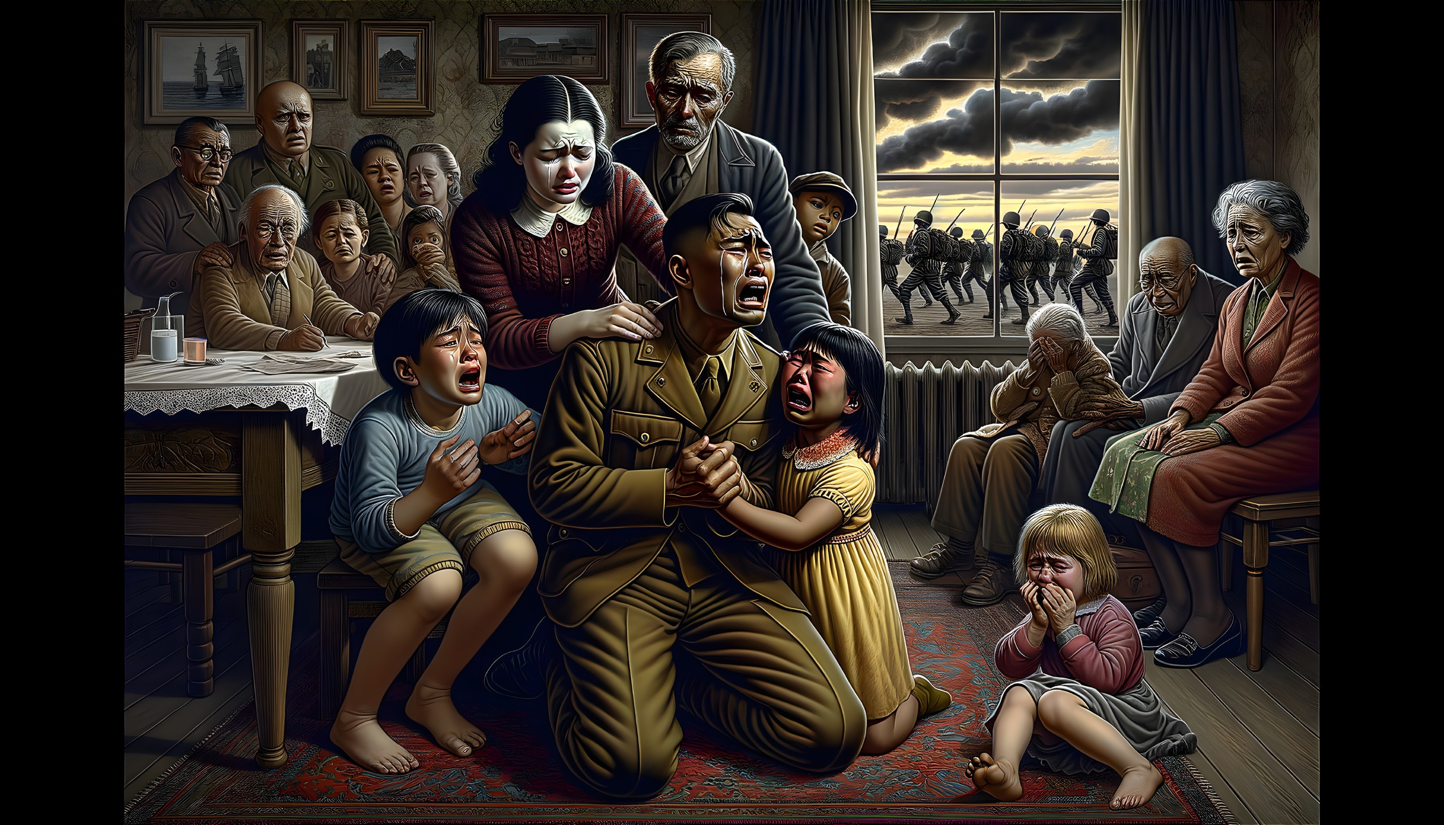 Somber Scene of Distressed Soldier with Children