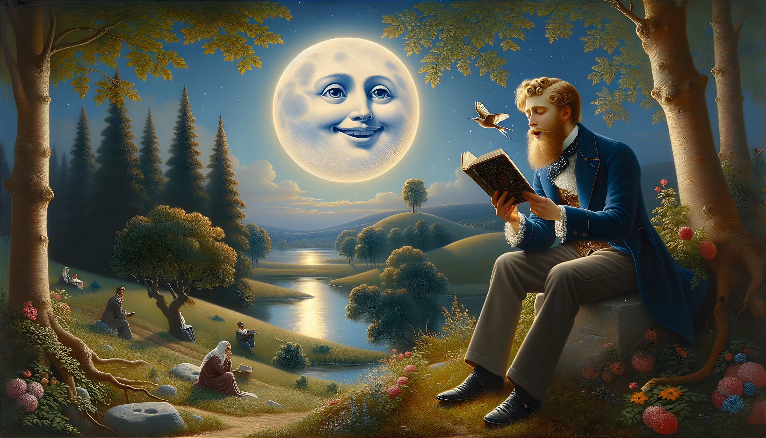 Serene Moonlit Landscape with People Engaged in Activities