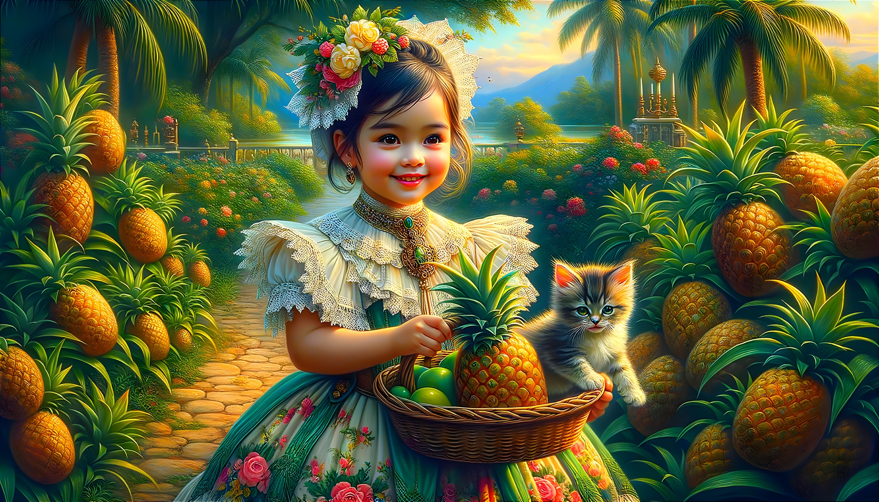 Tropical Garden with Girl, Kittens, and Pineapples