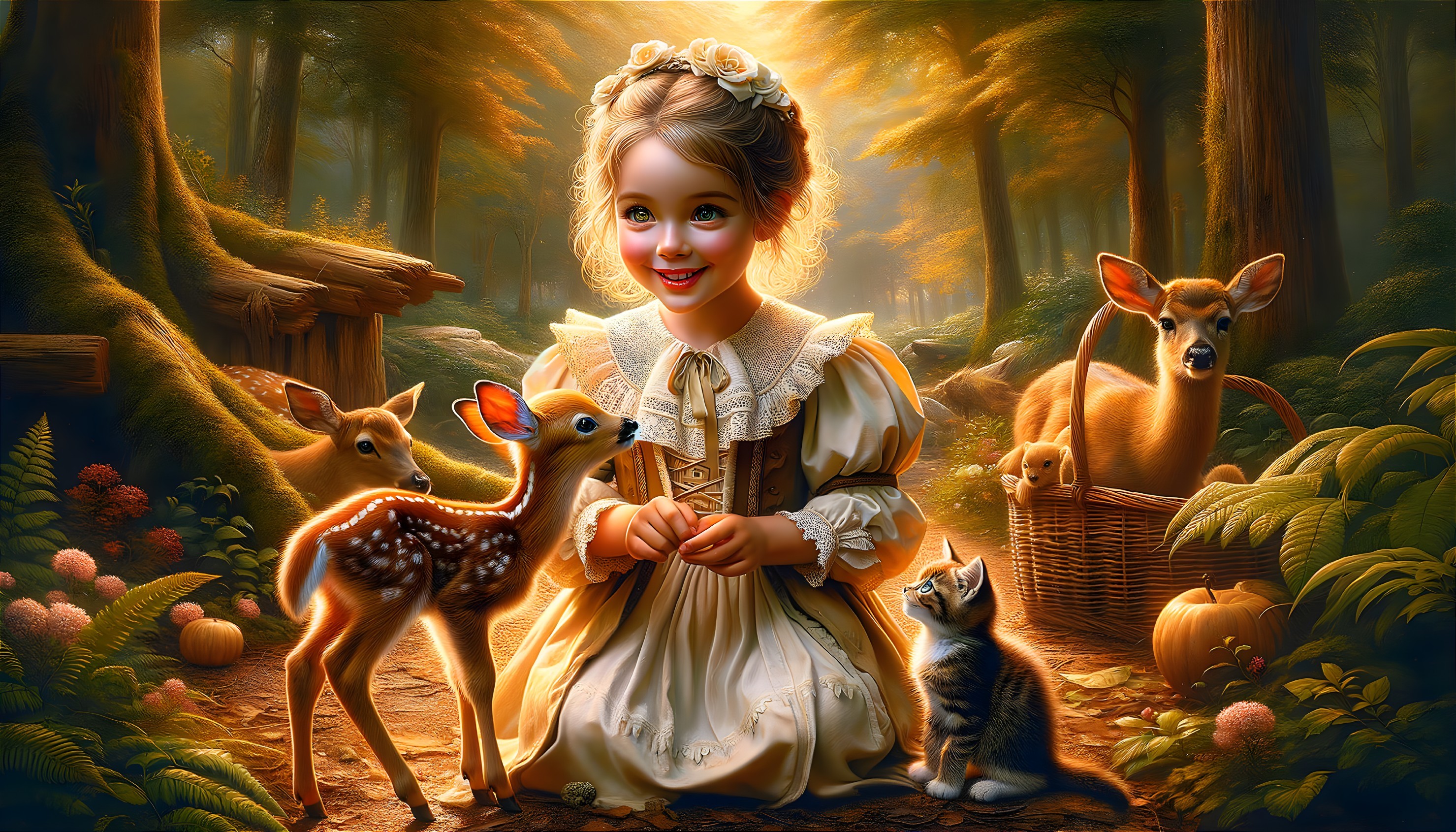 Young Girl in Vintage Dress in Enchanted Forest Scene