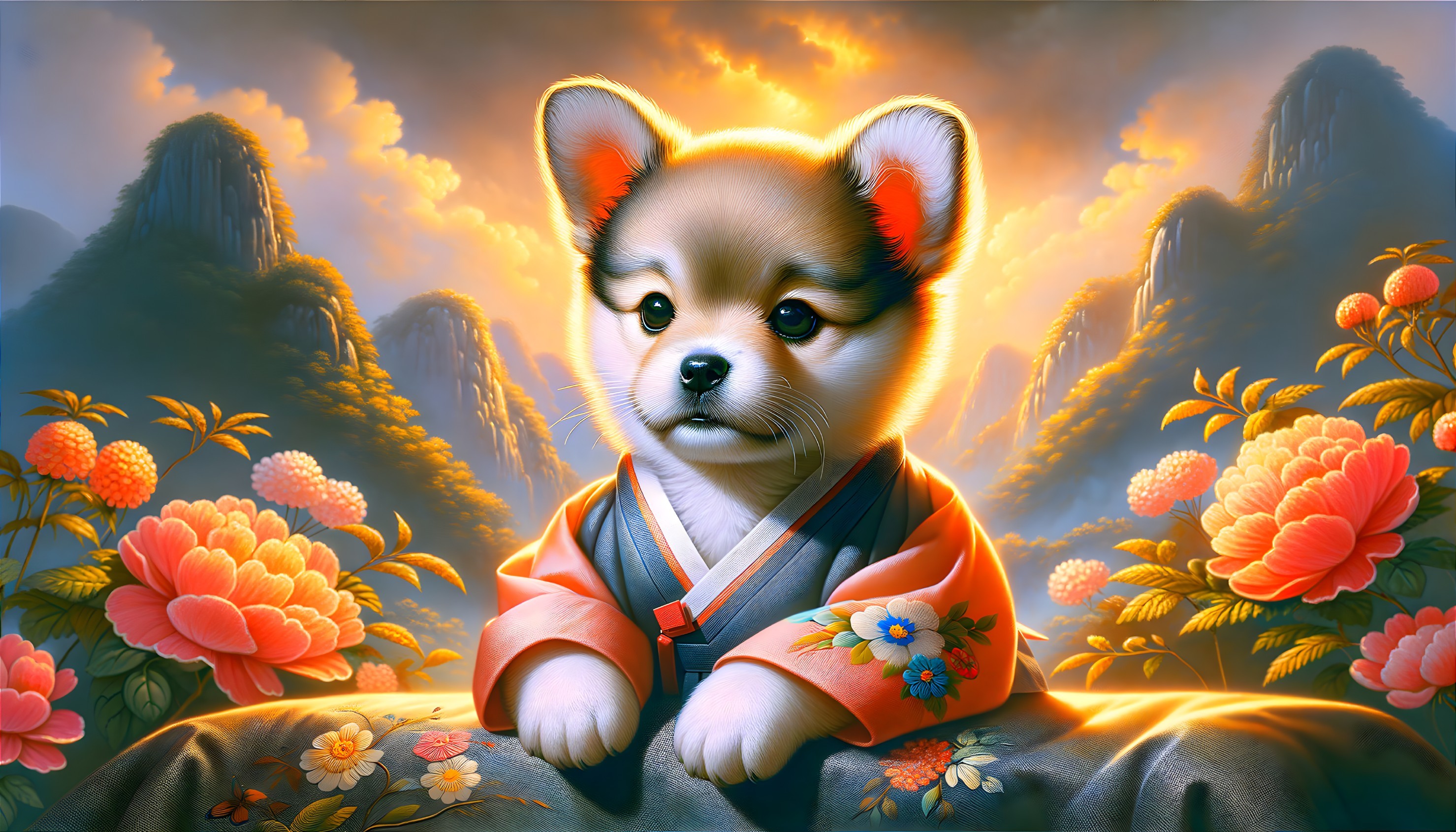 Puppy in Kimono Surrounded by Flowers and Mountains