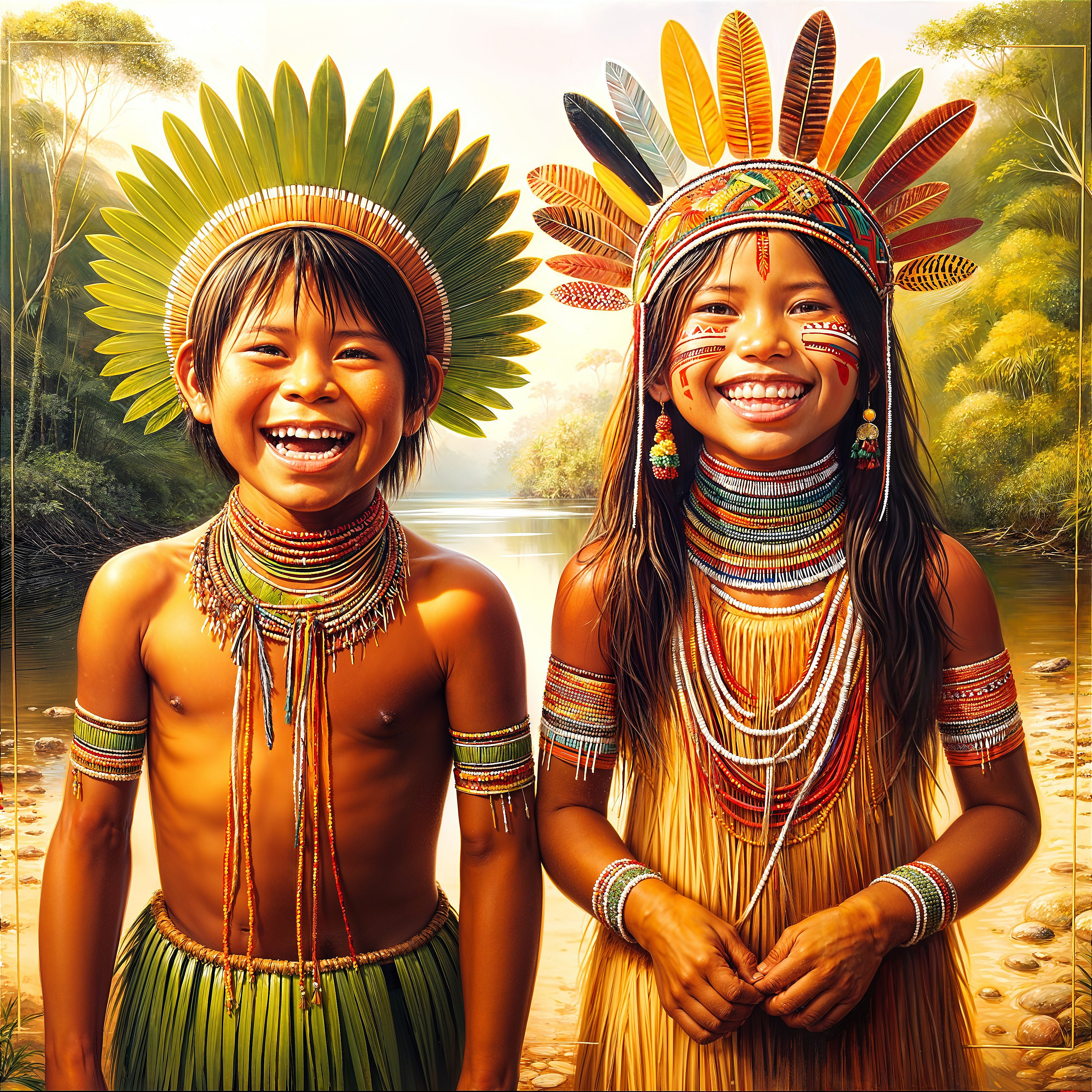 Indigenous Children in Traditional Attire by a River
