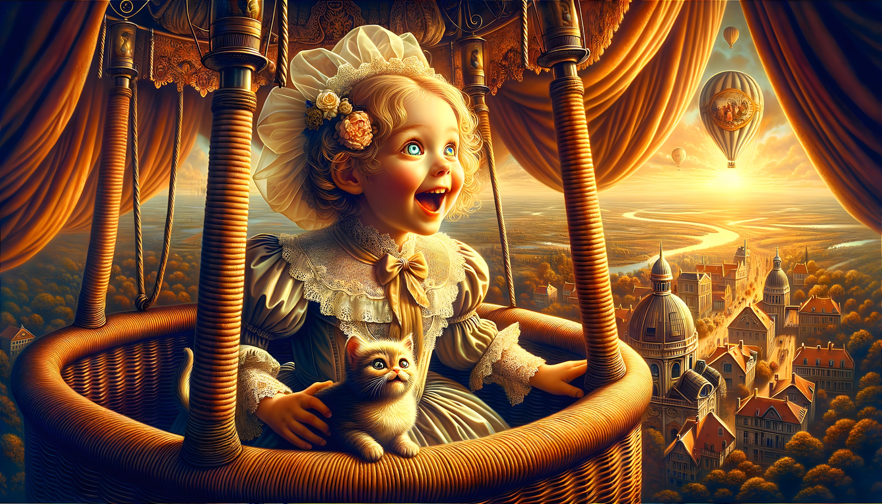 Young girl in vintage attire in hot air balloon scene