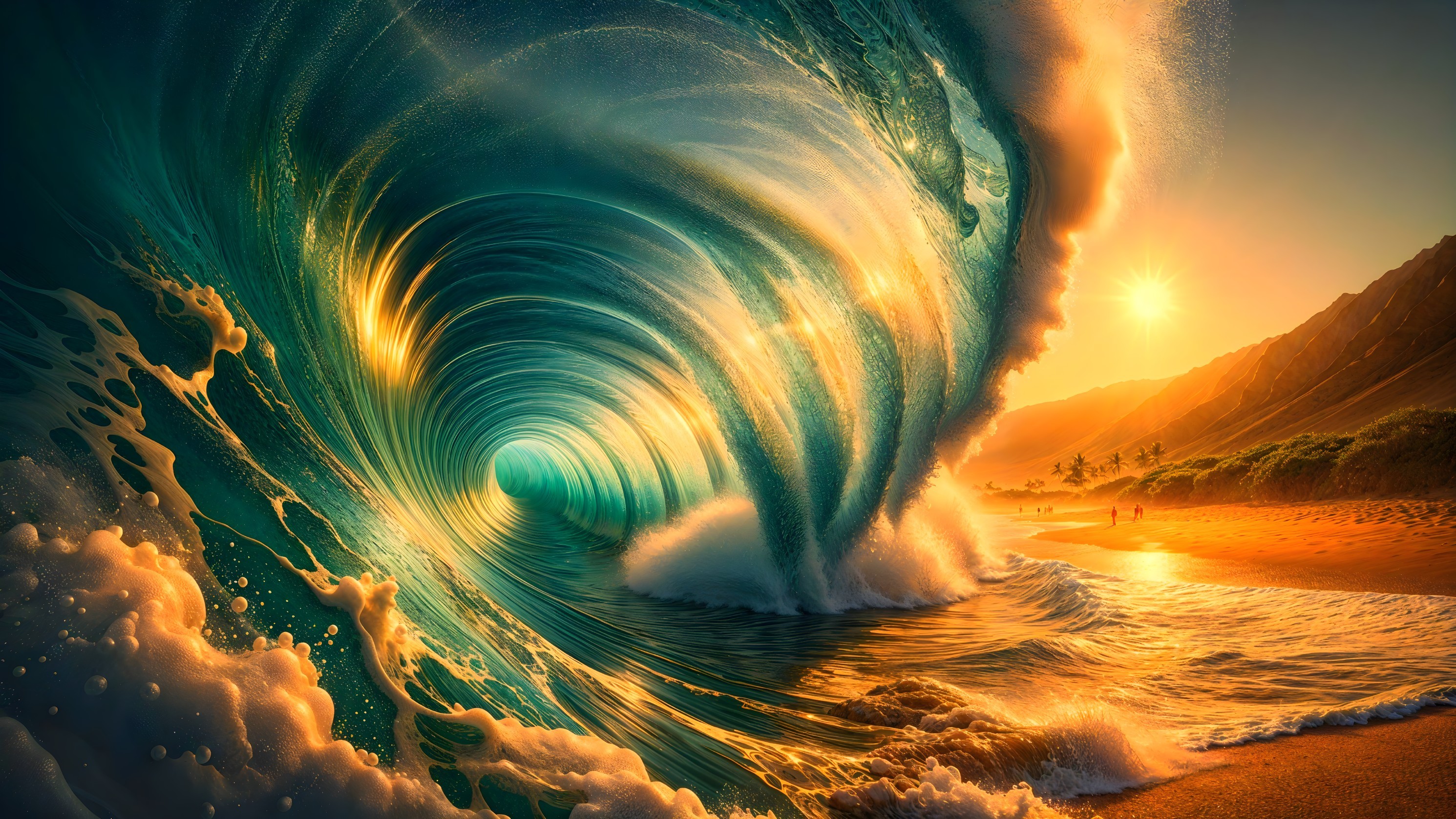 Majestic Wave Breaking at Sunset on Sandy Beach