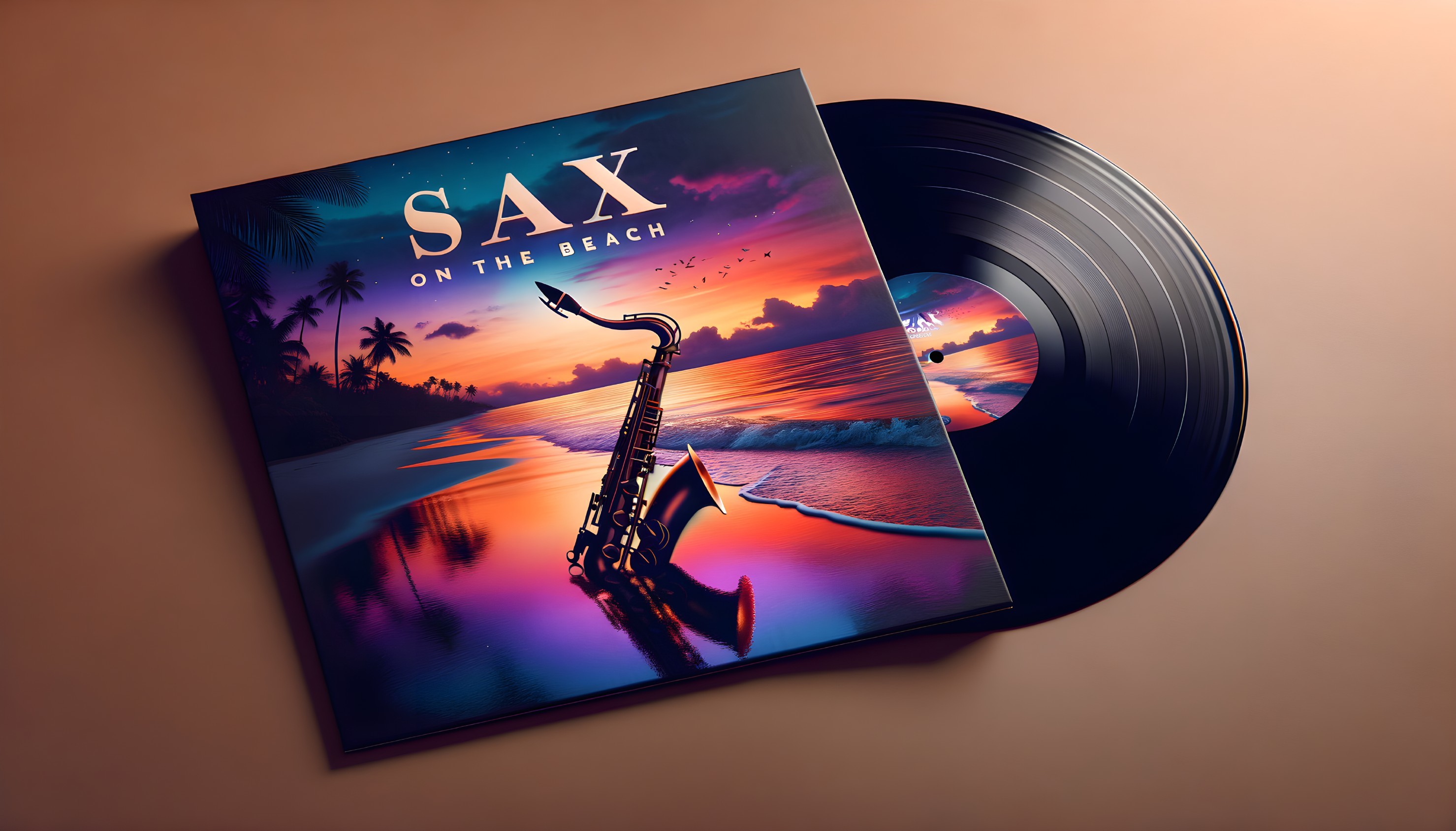 Vibrant Album Cover with Saxophone on Beach at Sunset