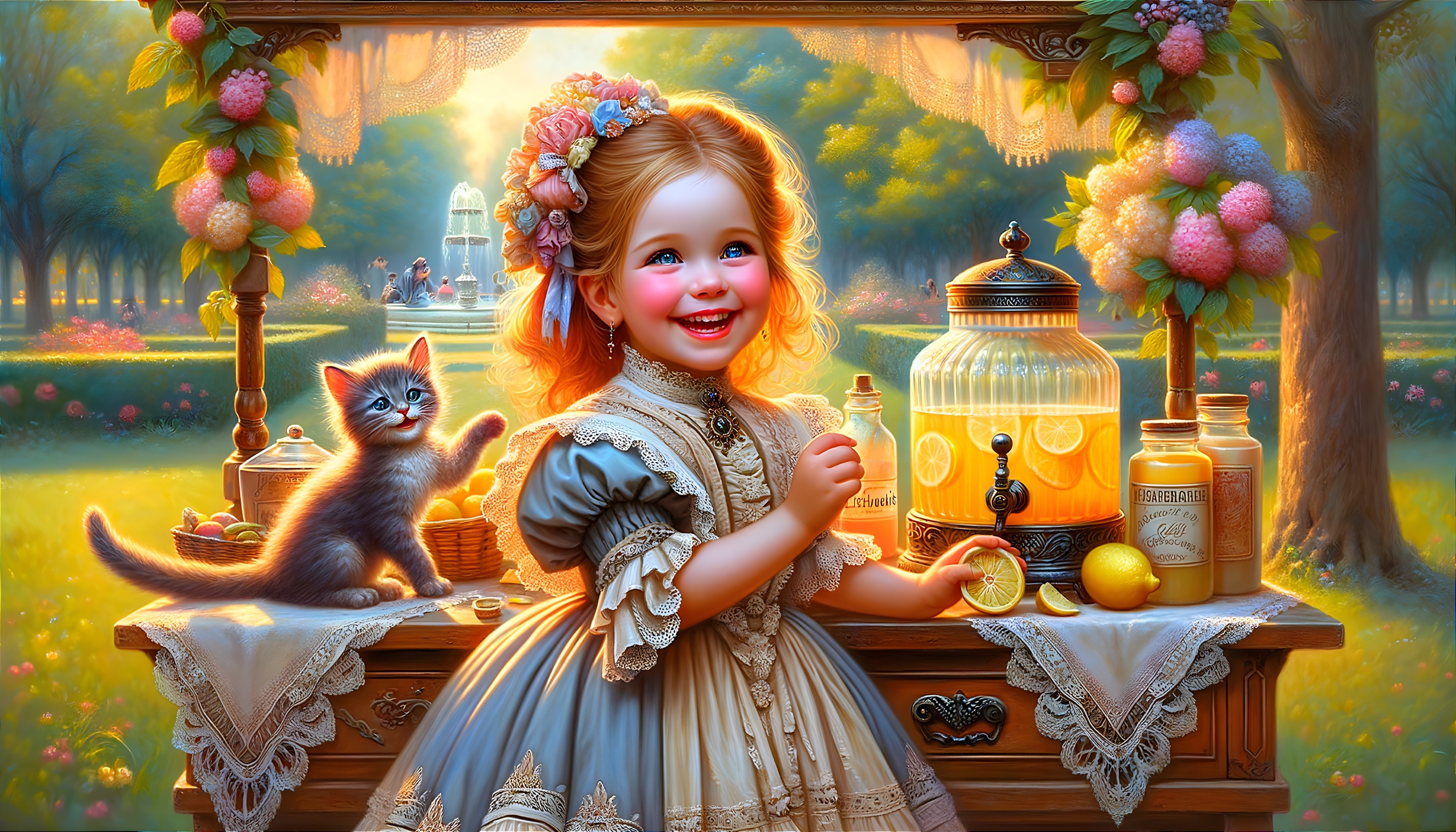 Cheerful girl making lemonade in a sunlit garden