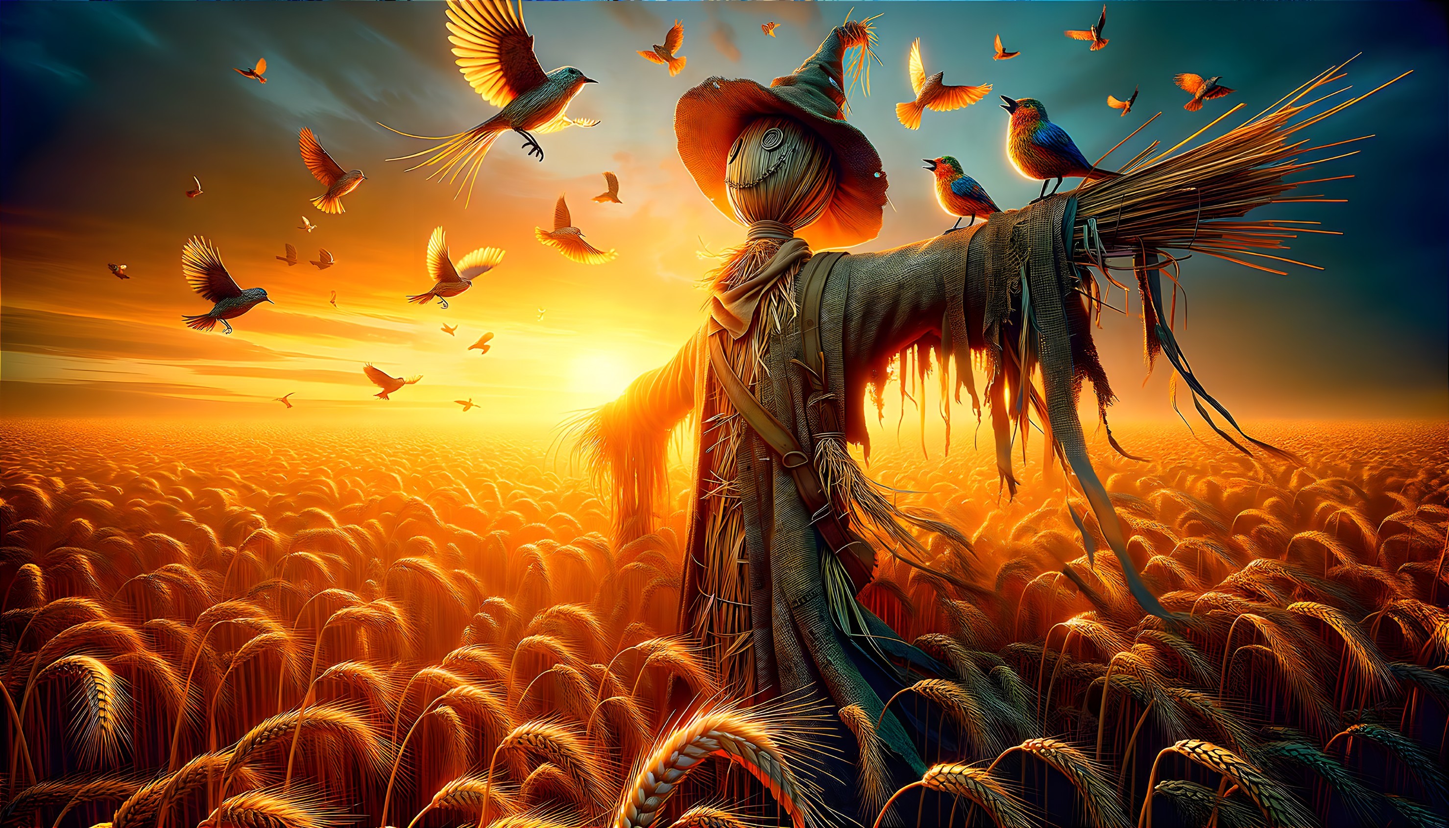 Scarecrow in Wheat Field Under Sunset Sky