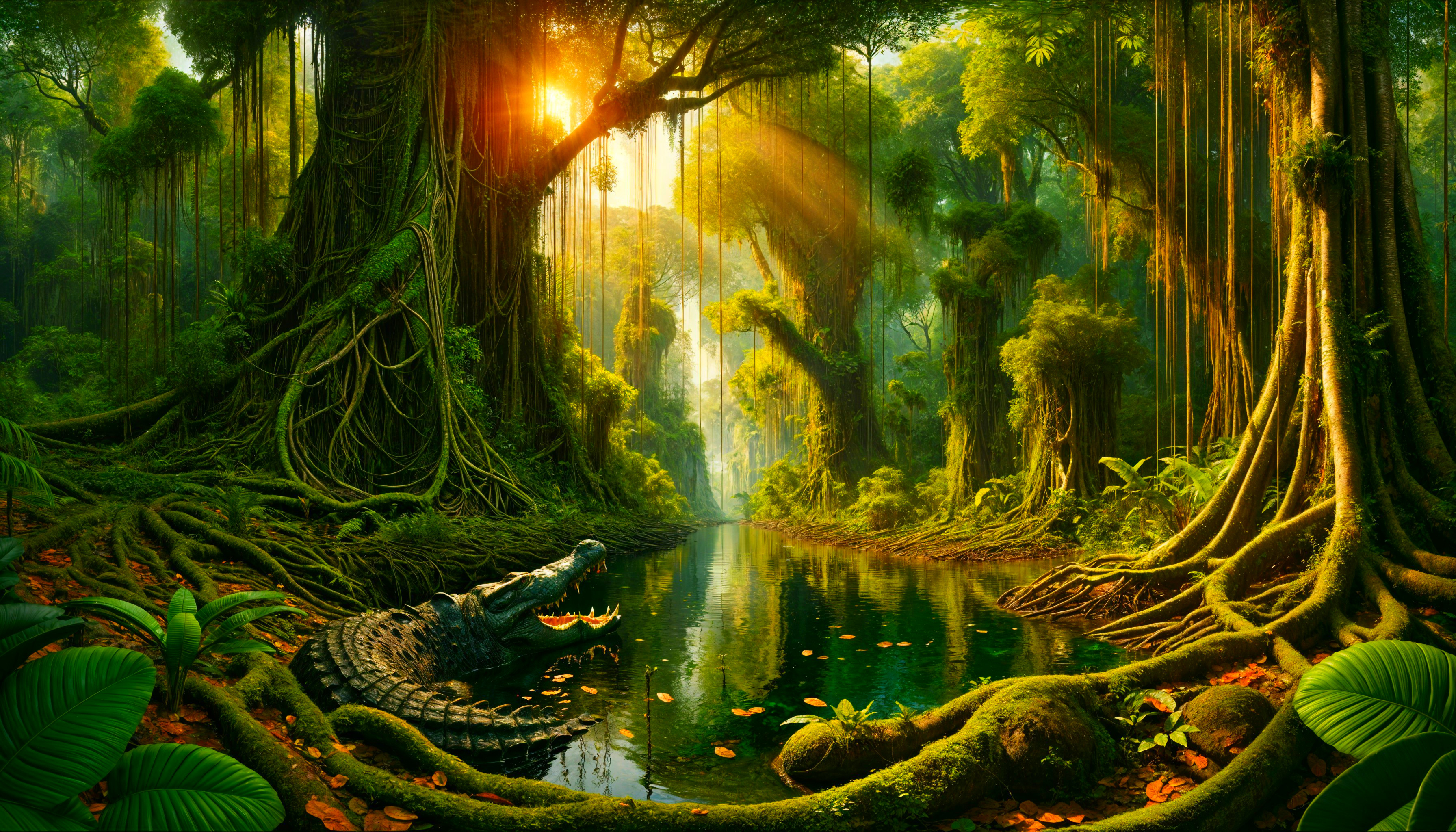Lush Rainforest Scene with Crocodile by River