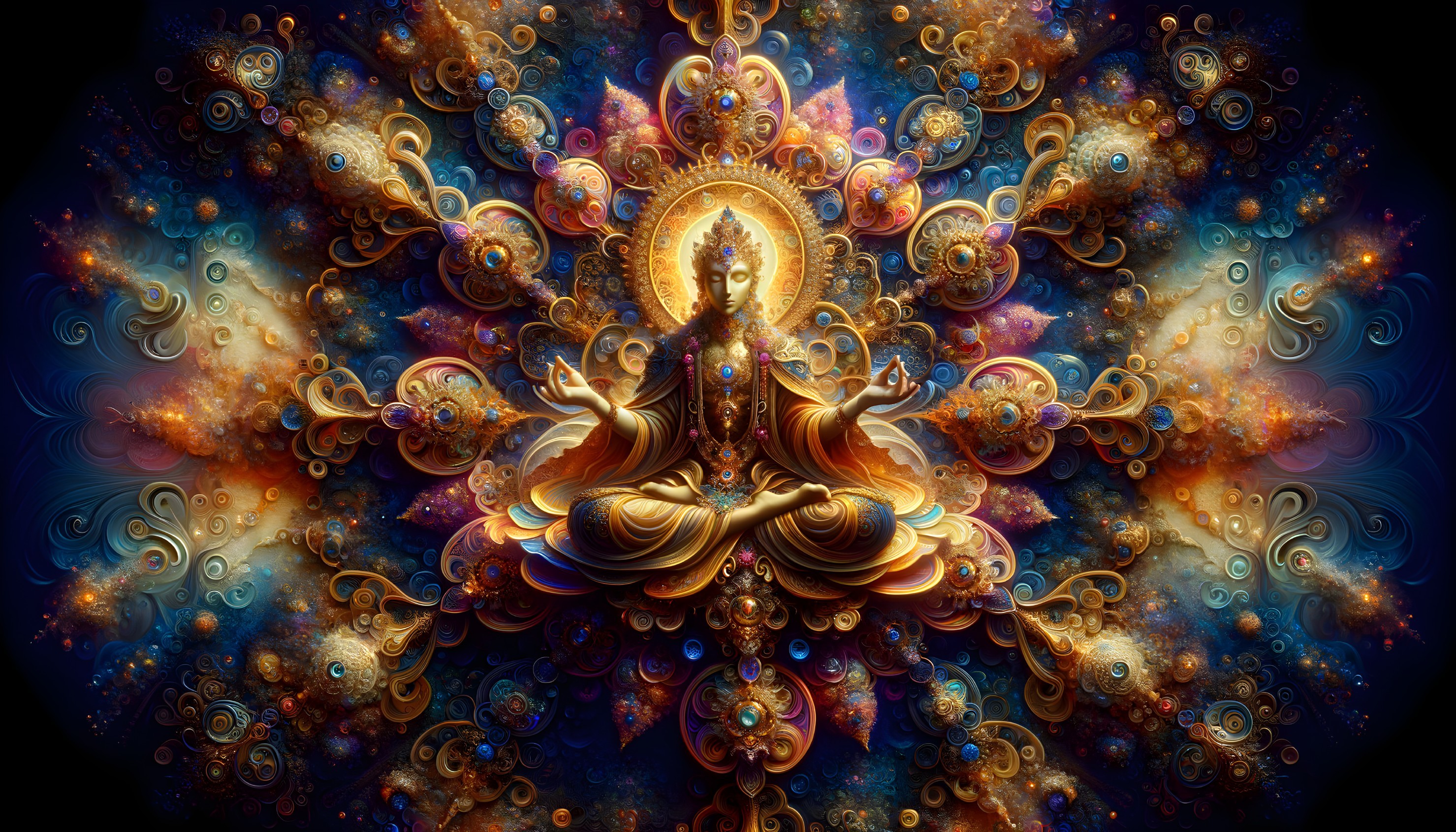 Meditative Figure in Cosmic Patterns and Vibrant Colors