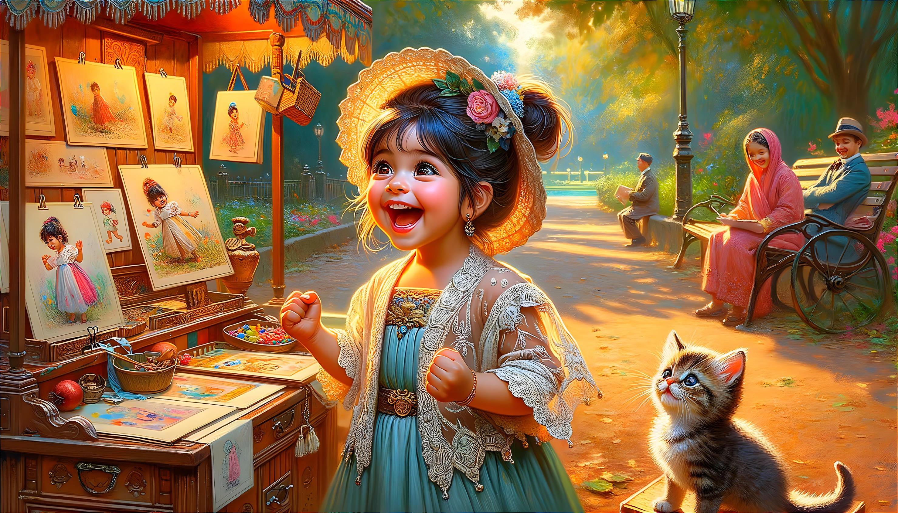 Young girl with artwork in a vibrant park setting
