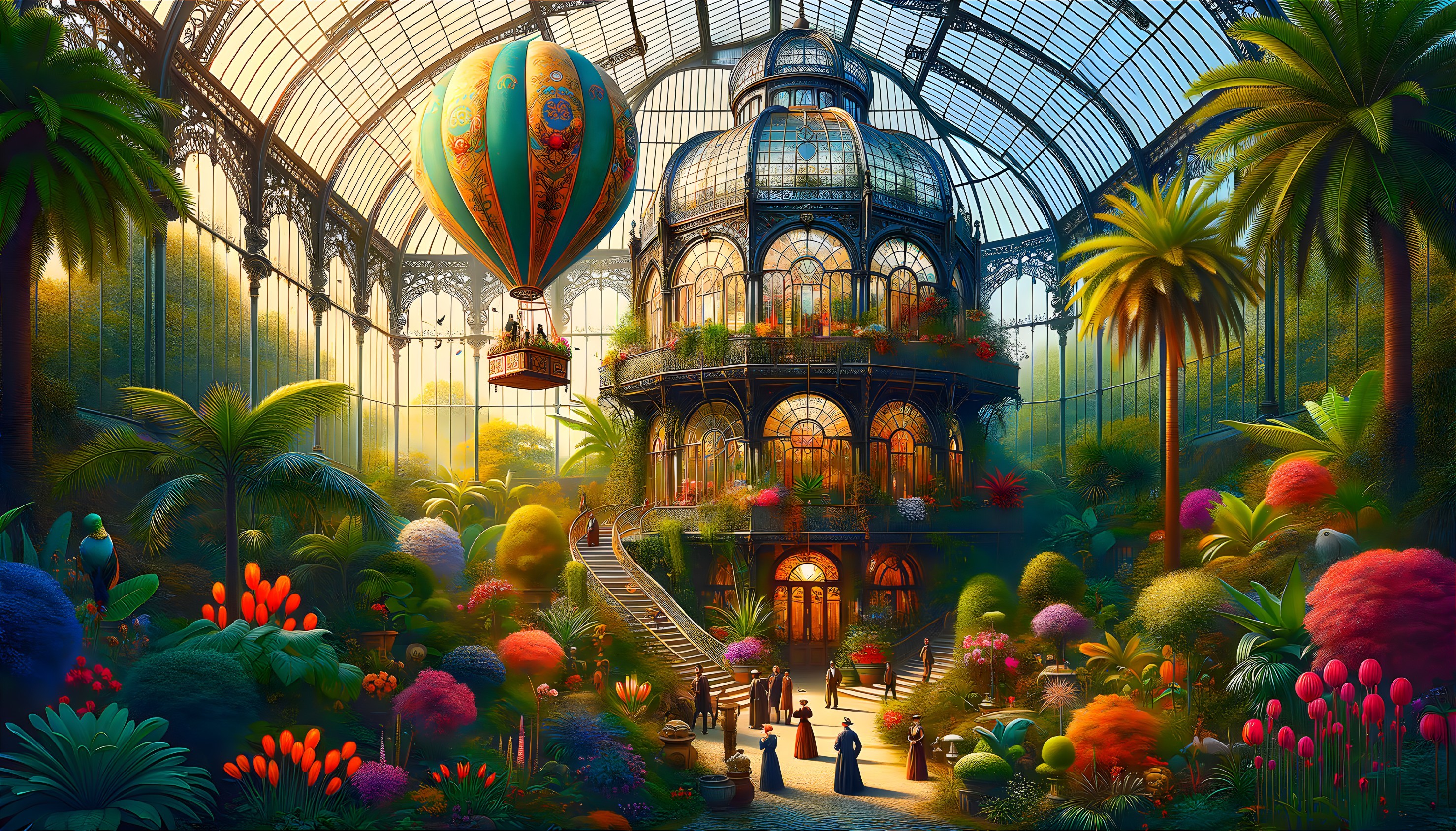 Vibrant Glass Conservatory with Exotic Plants and Figures