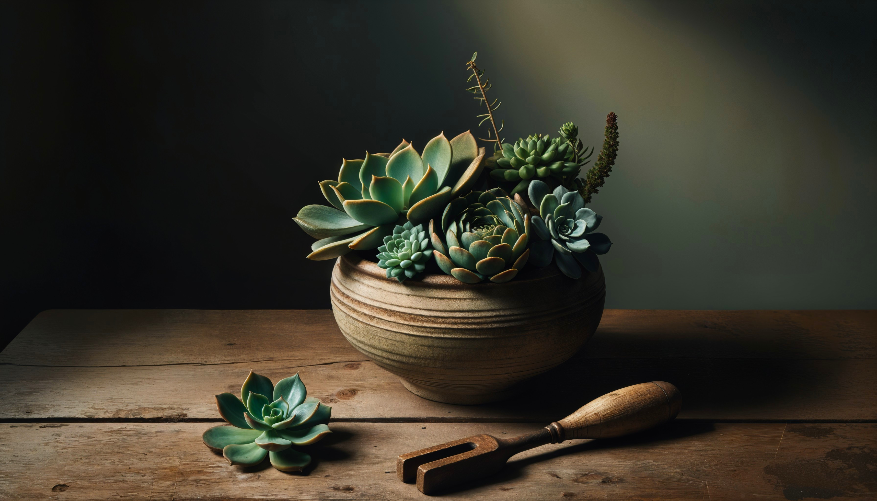 Rustic Wooden Bowl with Succulent Plants on Wood Surface