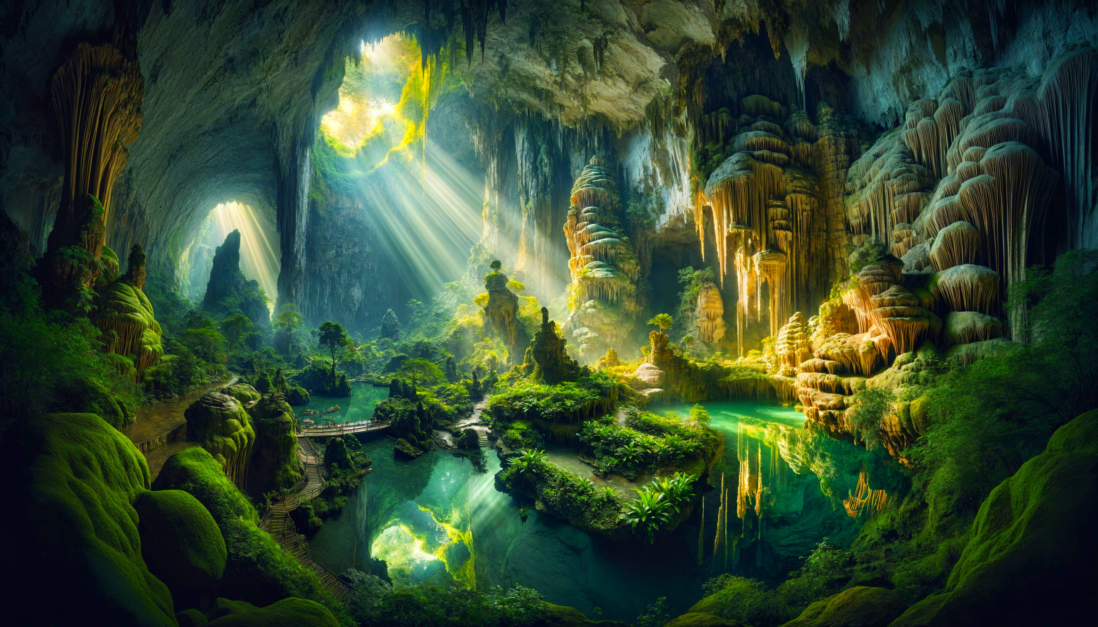 Illuminated Cavern with Lush Greenery and Water