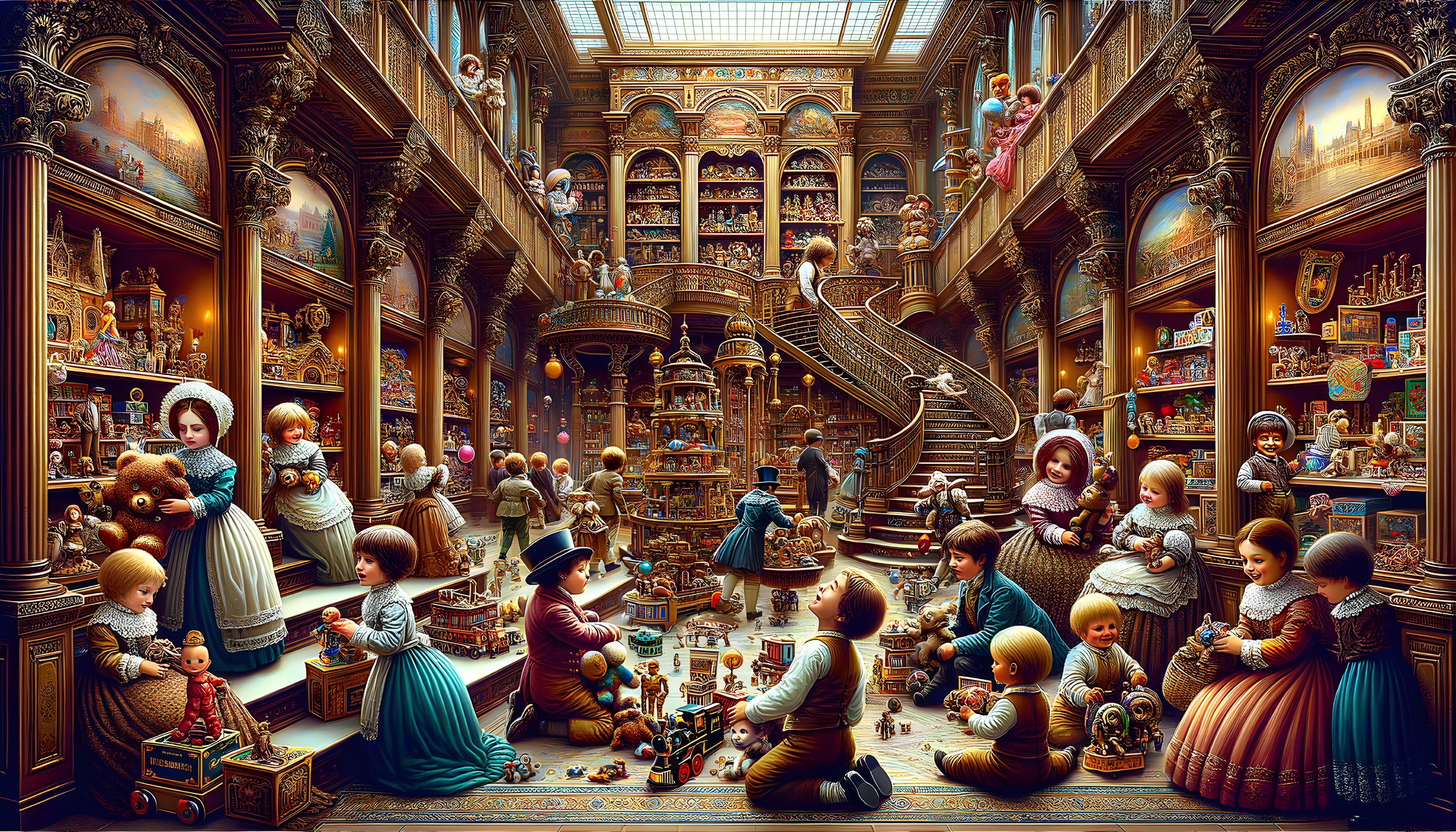 Grand Library Filled with Toys and Victorian Children