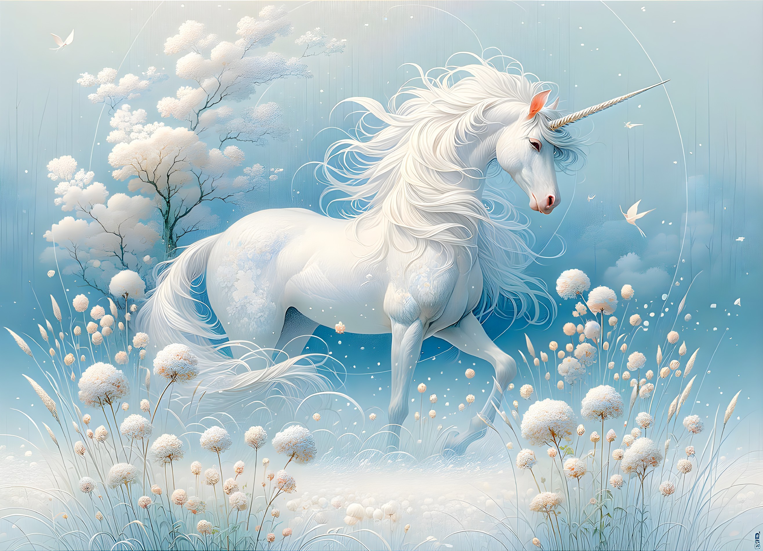 White Unicorn in a Serene Winter Landscape