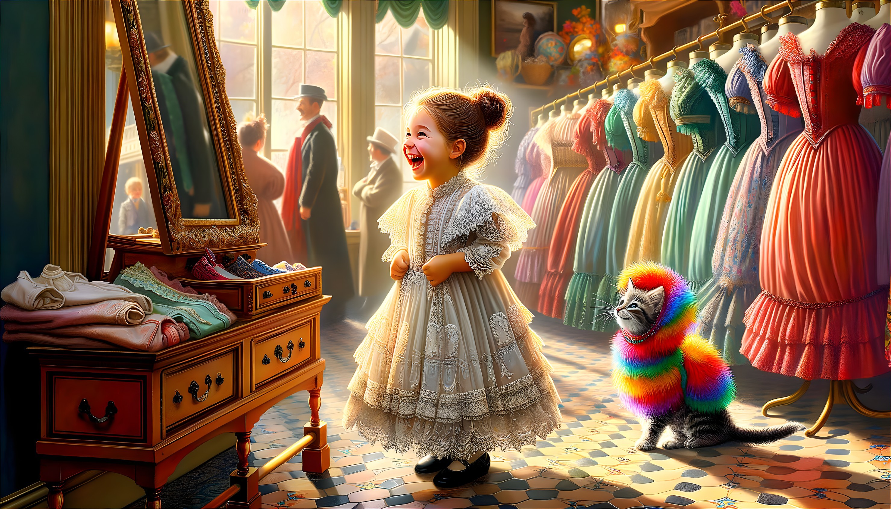 Whimsical Boutique with Colorful Dresses and Cat