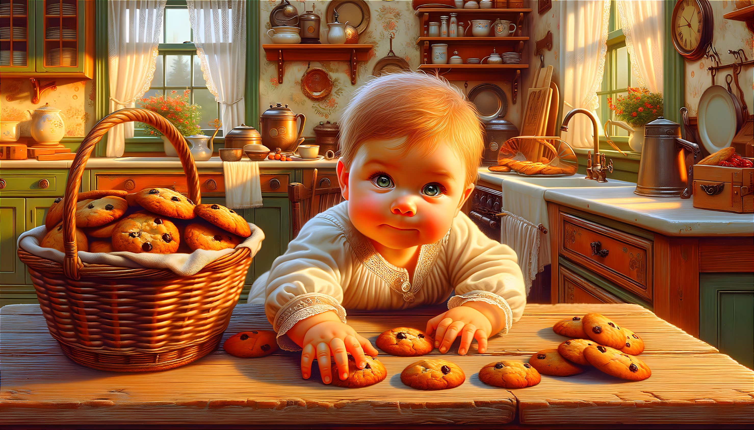 Cozy Kitchen Scene with Baby and Freshly Baked Cookies