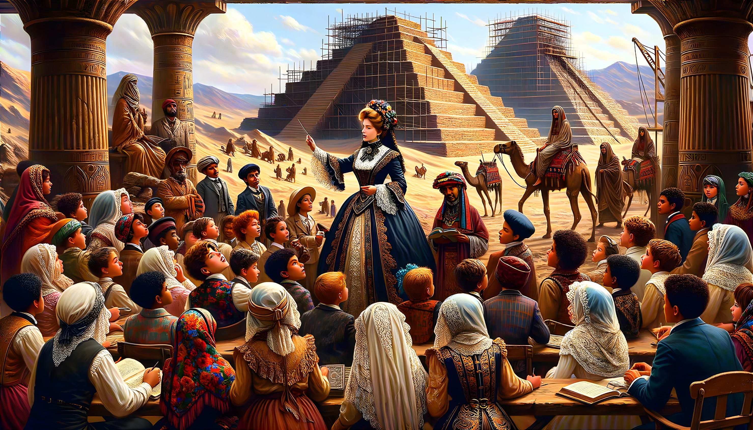 Children Learning in a Grand Hall with Pyramids Nearby