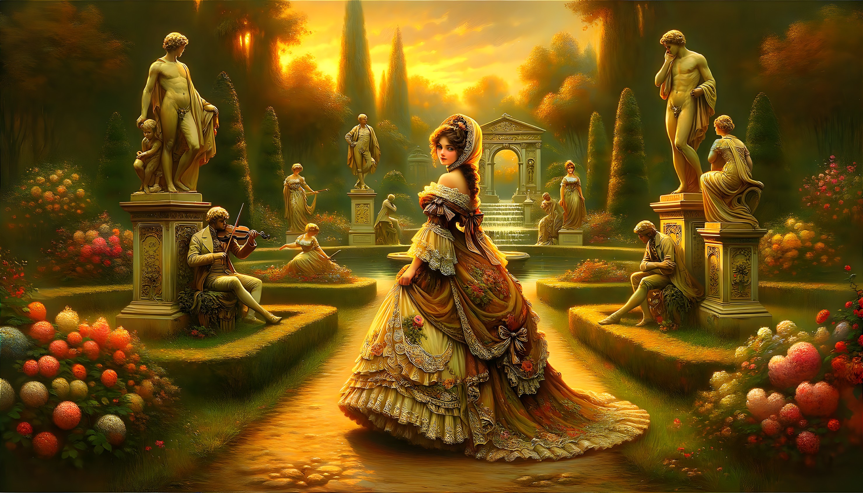 Enchanting Garden Scene with Elegant Woman at Sunset