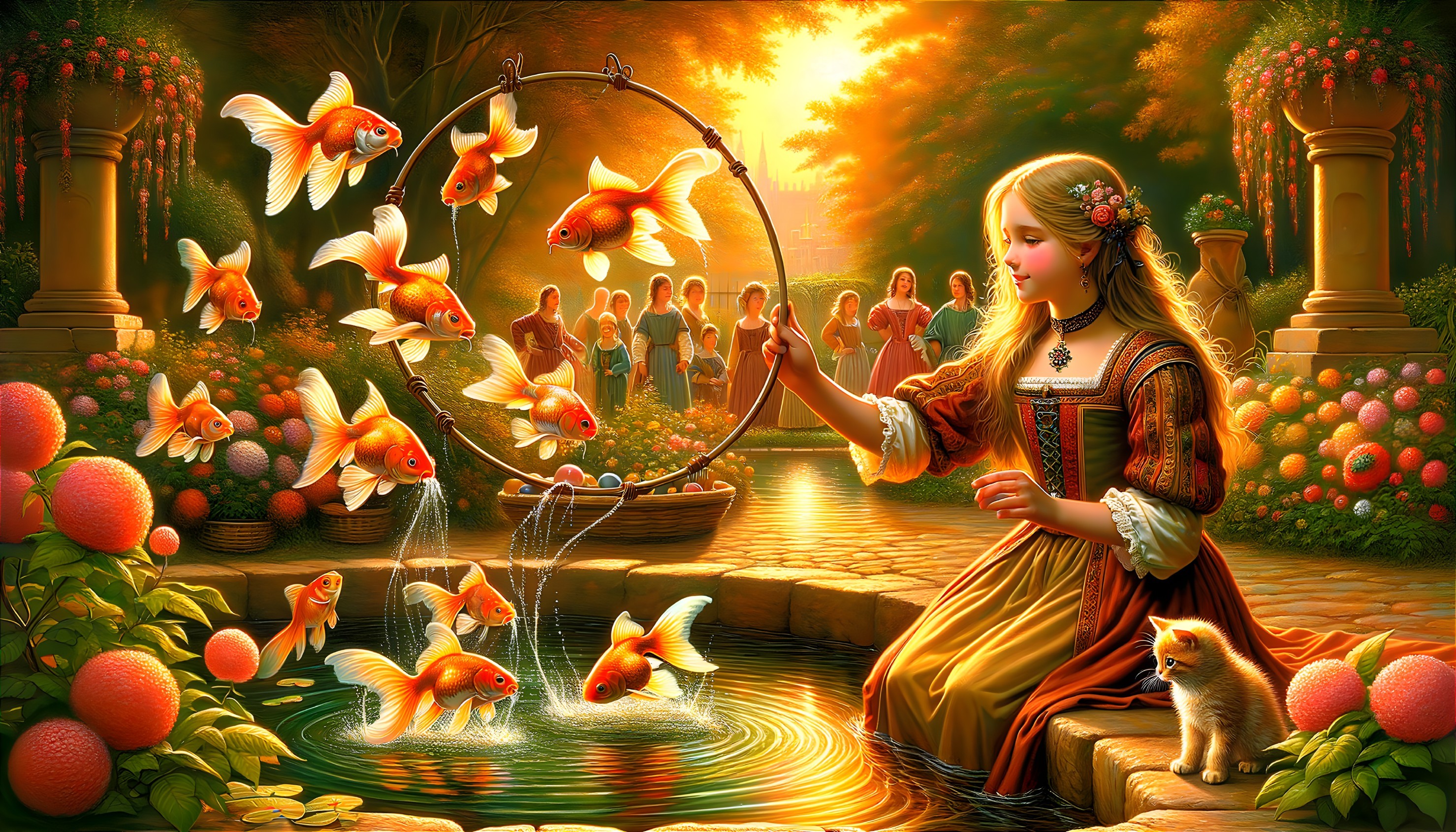 Young Girl Fishing in a Sunlit Garden Pond