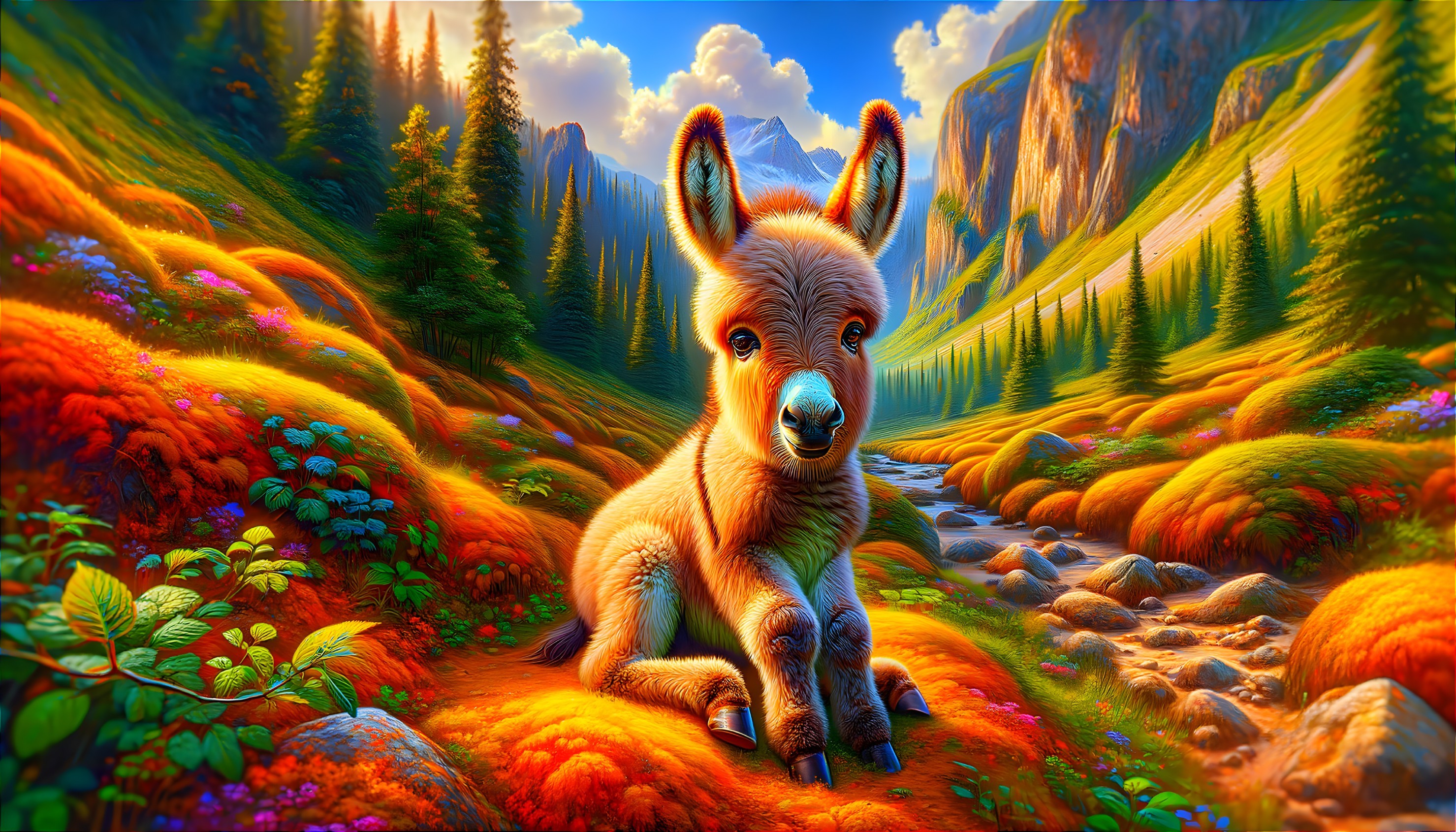 Fluffy Young Goat in a Colorful Valley Landscape