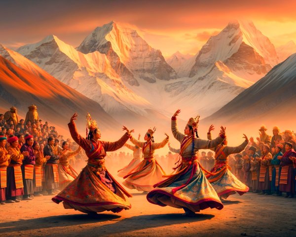 Mountain Sunset Dance Performance with Colorful Attire