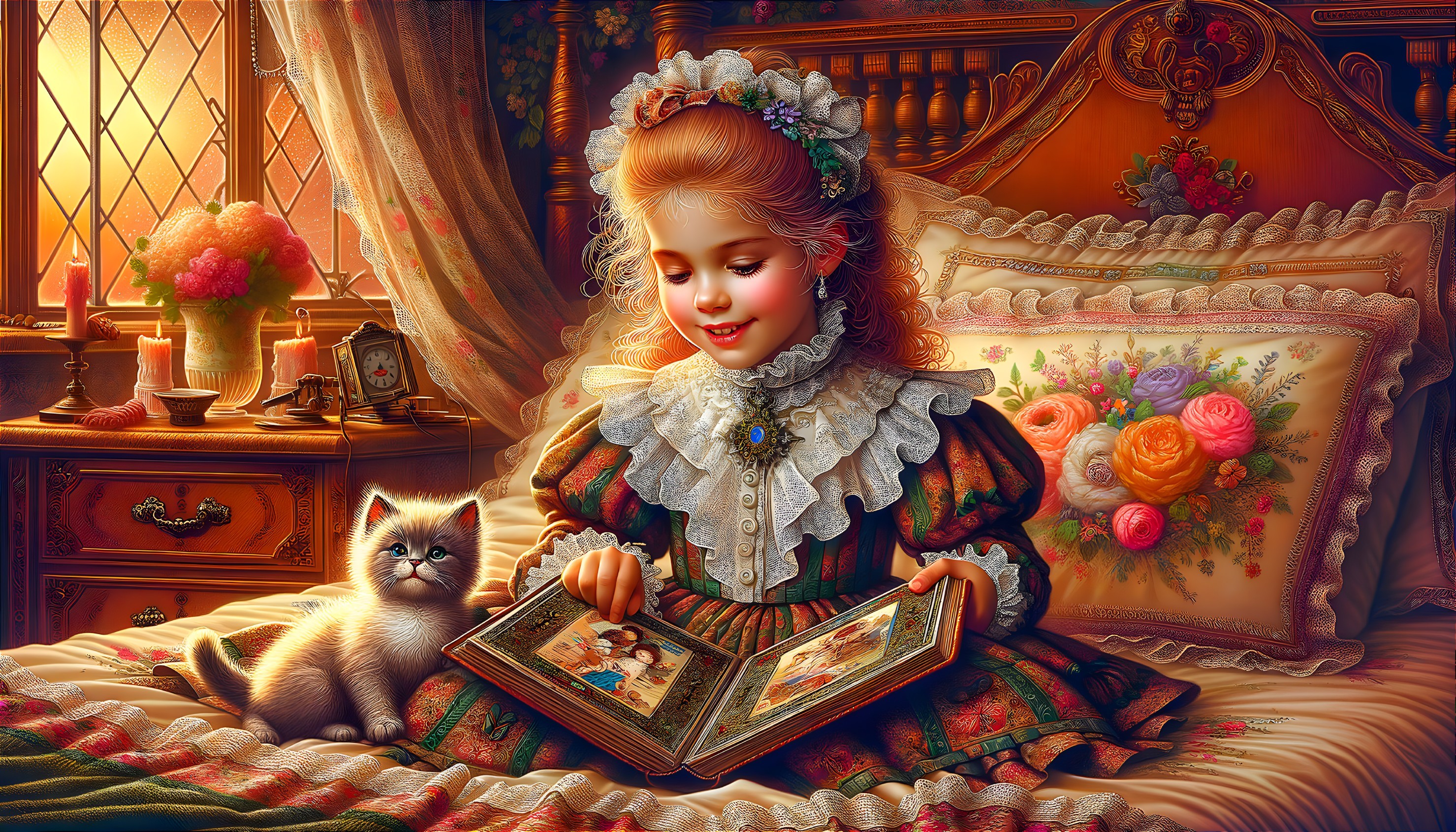 Young girl in ornate dress with kitten on bed