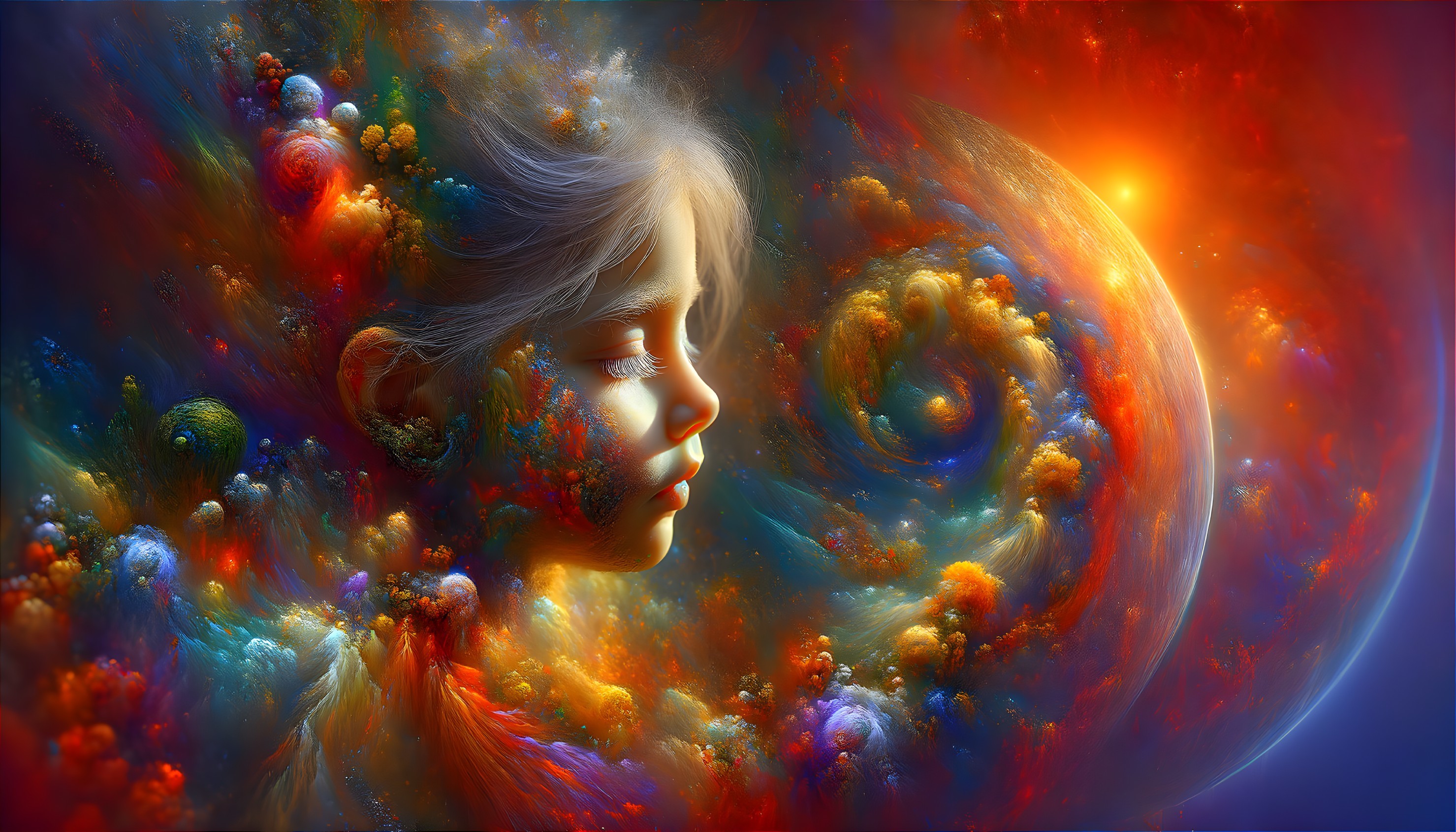 Ethereal Child's Profile Against Cosmic Backdrop