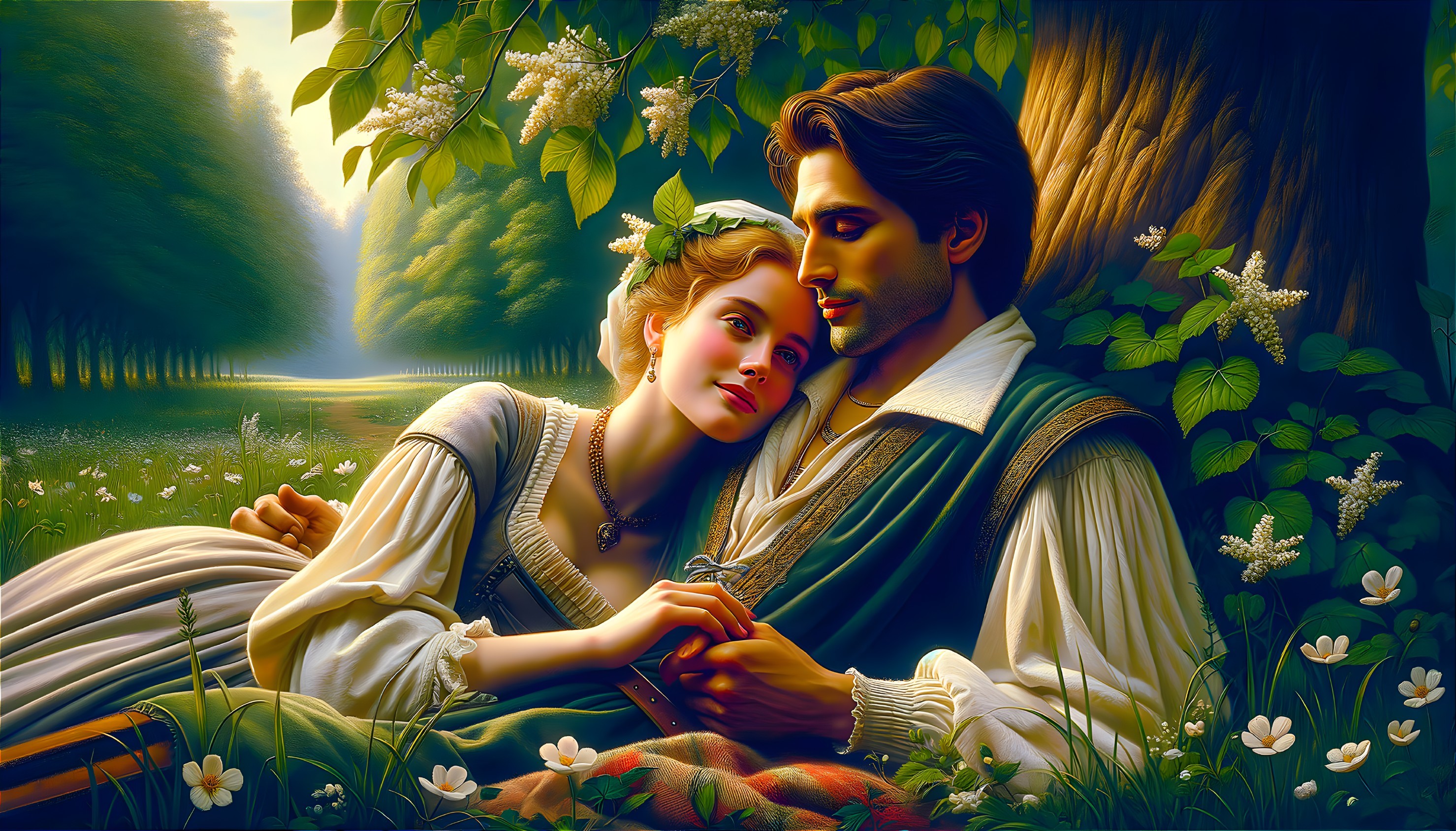 Couple in a Sunlit Forest Clearing with Flowers