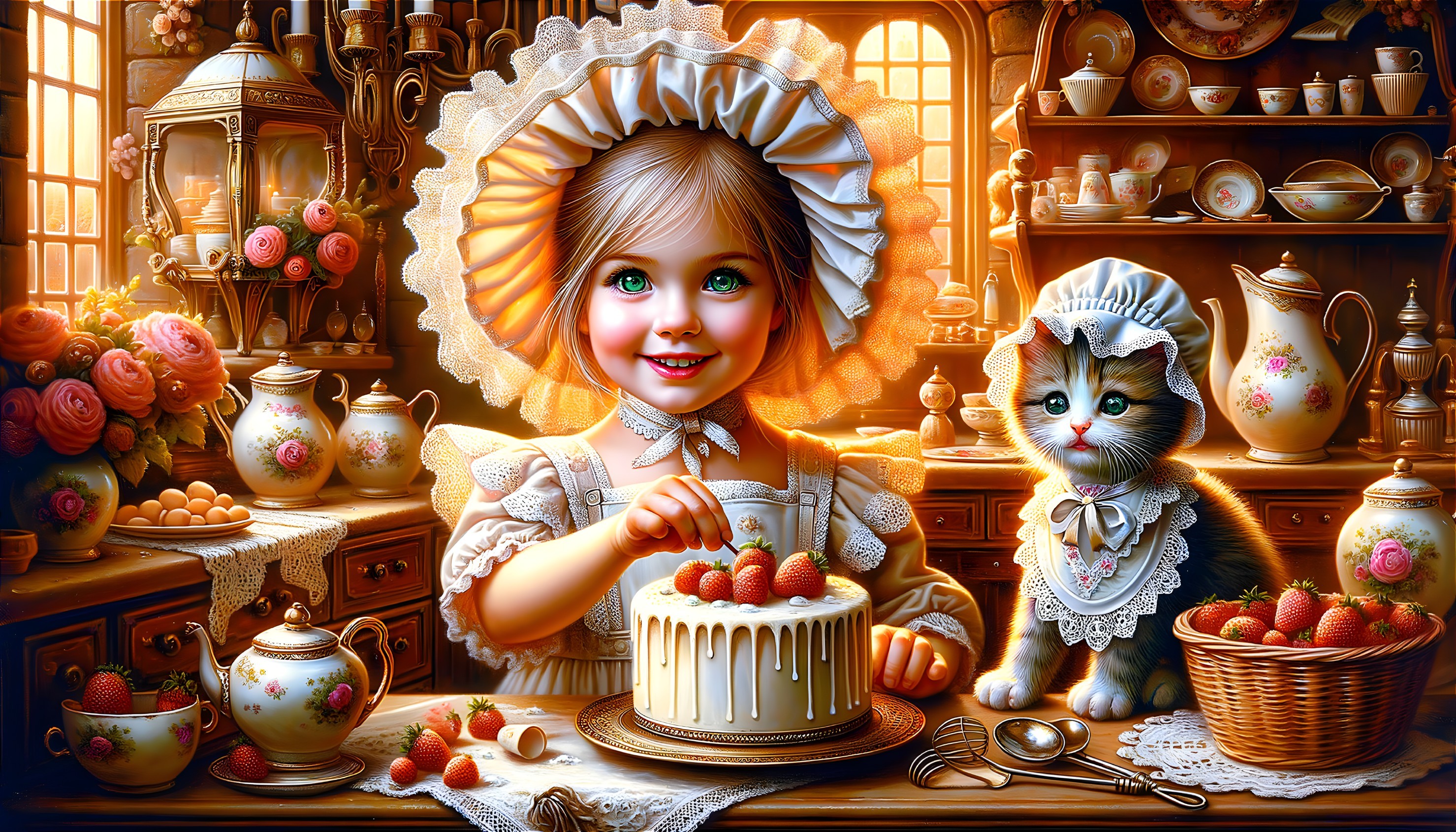Cheerful Girl and Kitten in Cozy Kitchen Scene