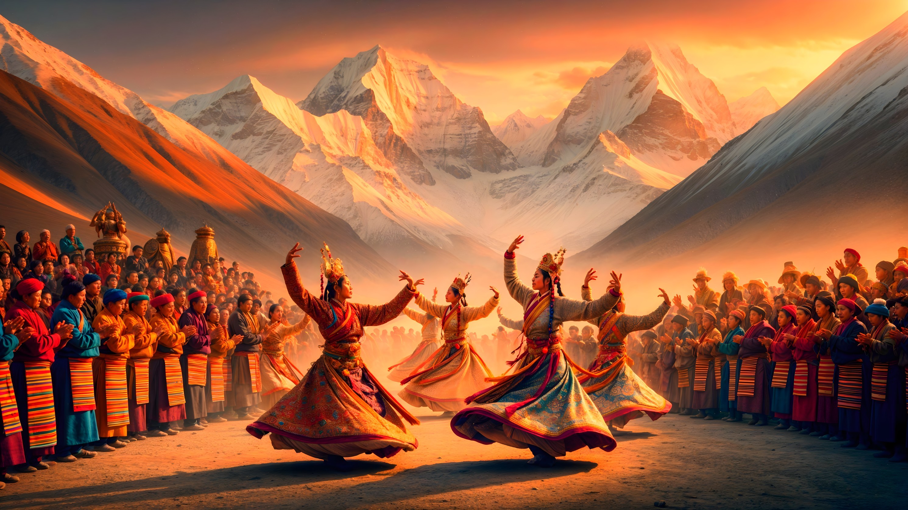 Mountain Sunset Dance Performance with Colorful Attire