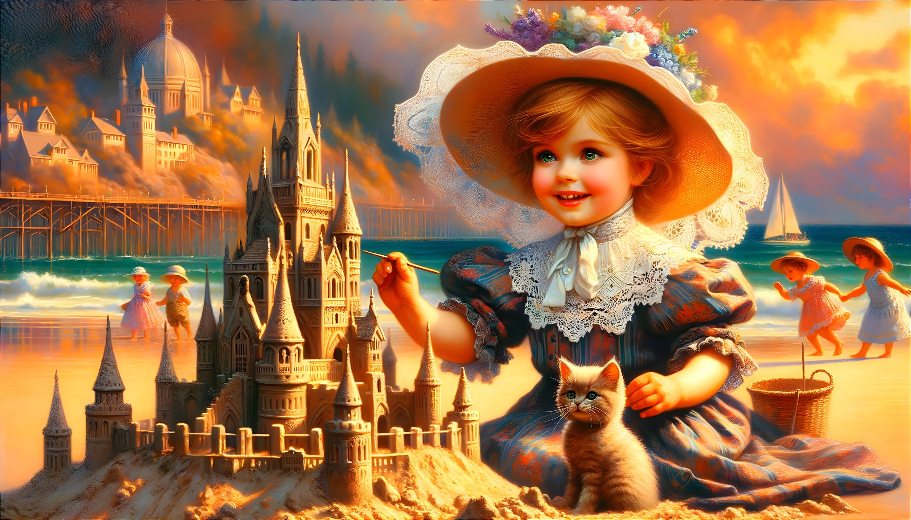 Young girl paints sandcastle at beach with kitten