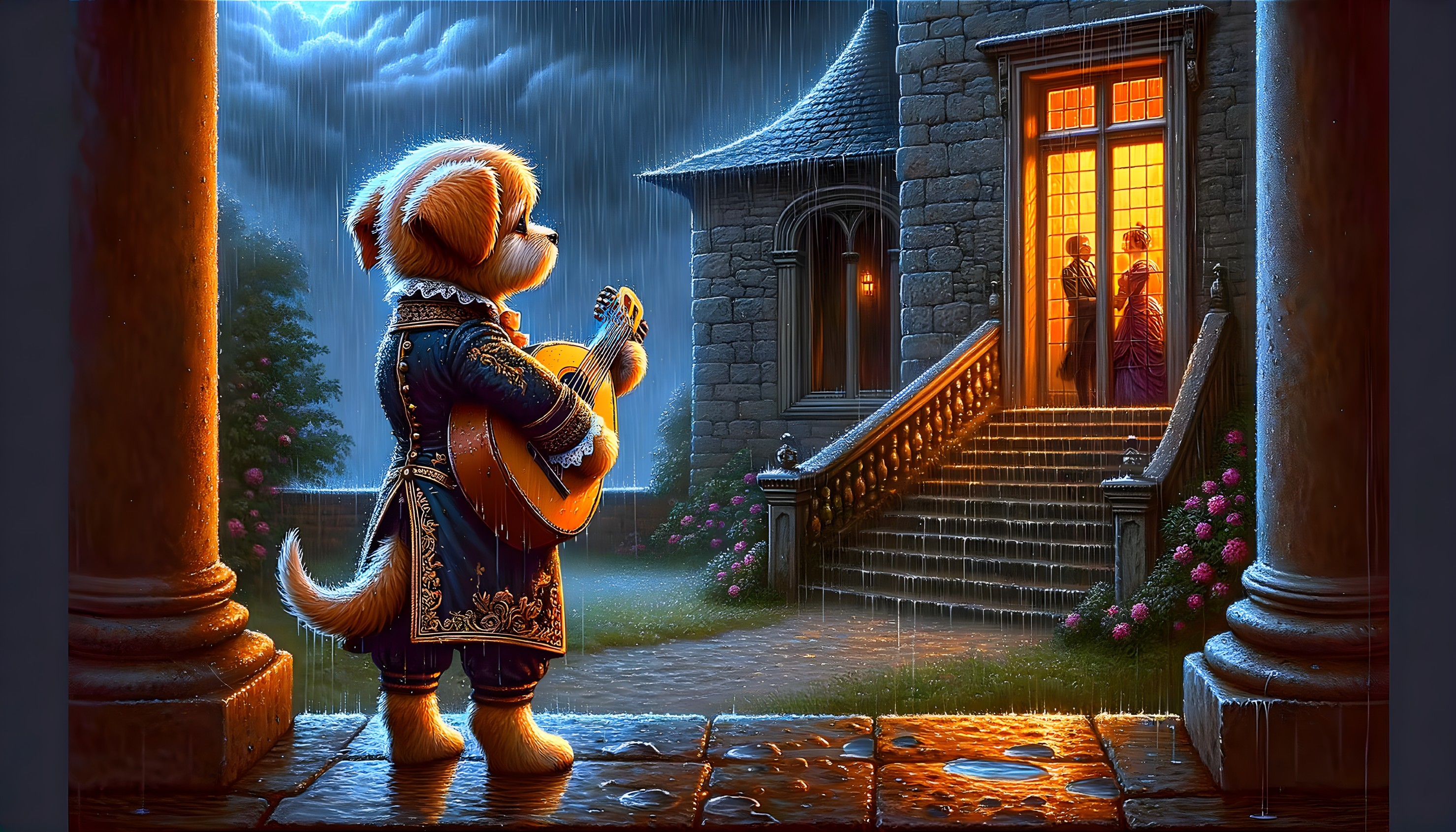 Dog in Elegant Coat Plays Guitar Under Rainy Sky