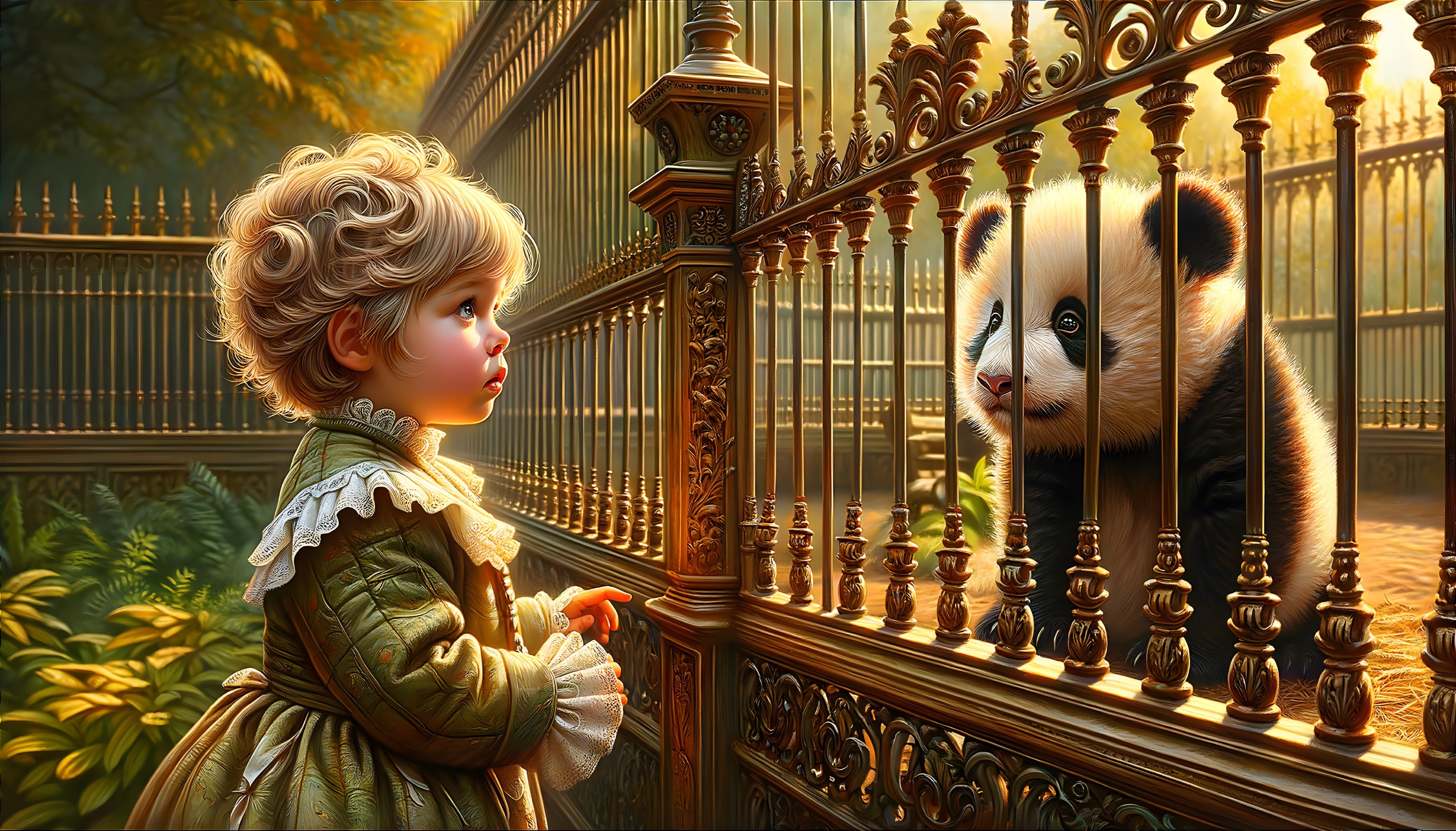Curly-haired child observes playful panda in sunlight