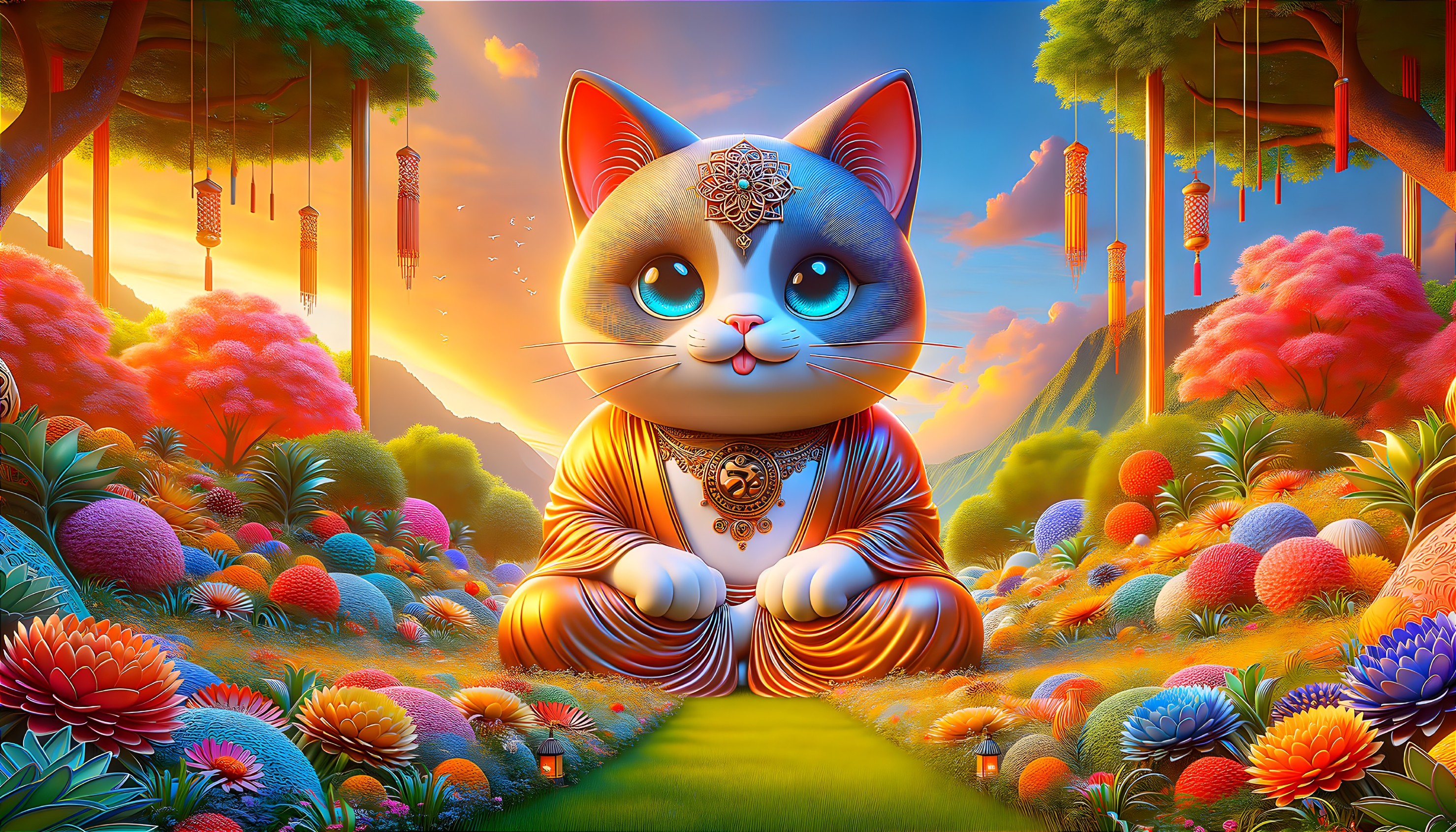 Serene Cat in Vibrant Landscape at Sunset