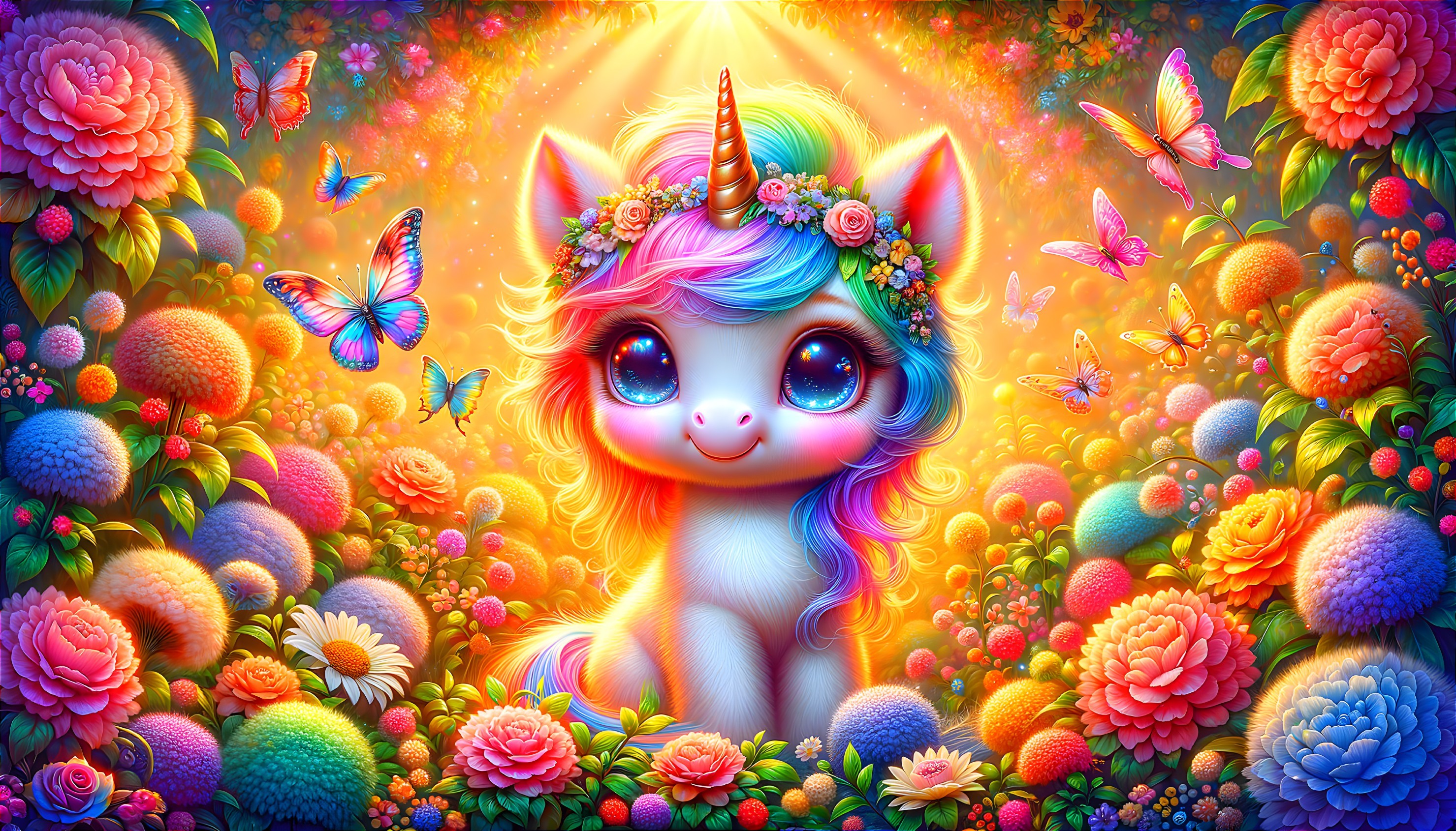 Colorful Unicorn in a Vibrant Flower Garden