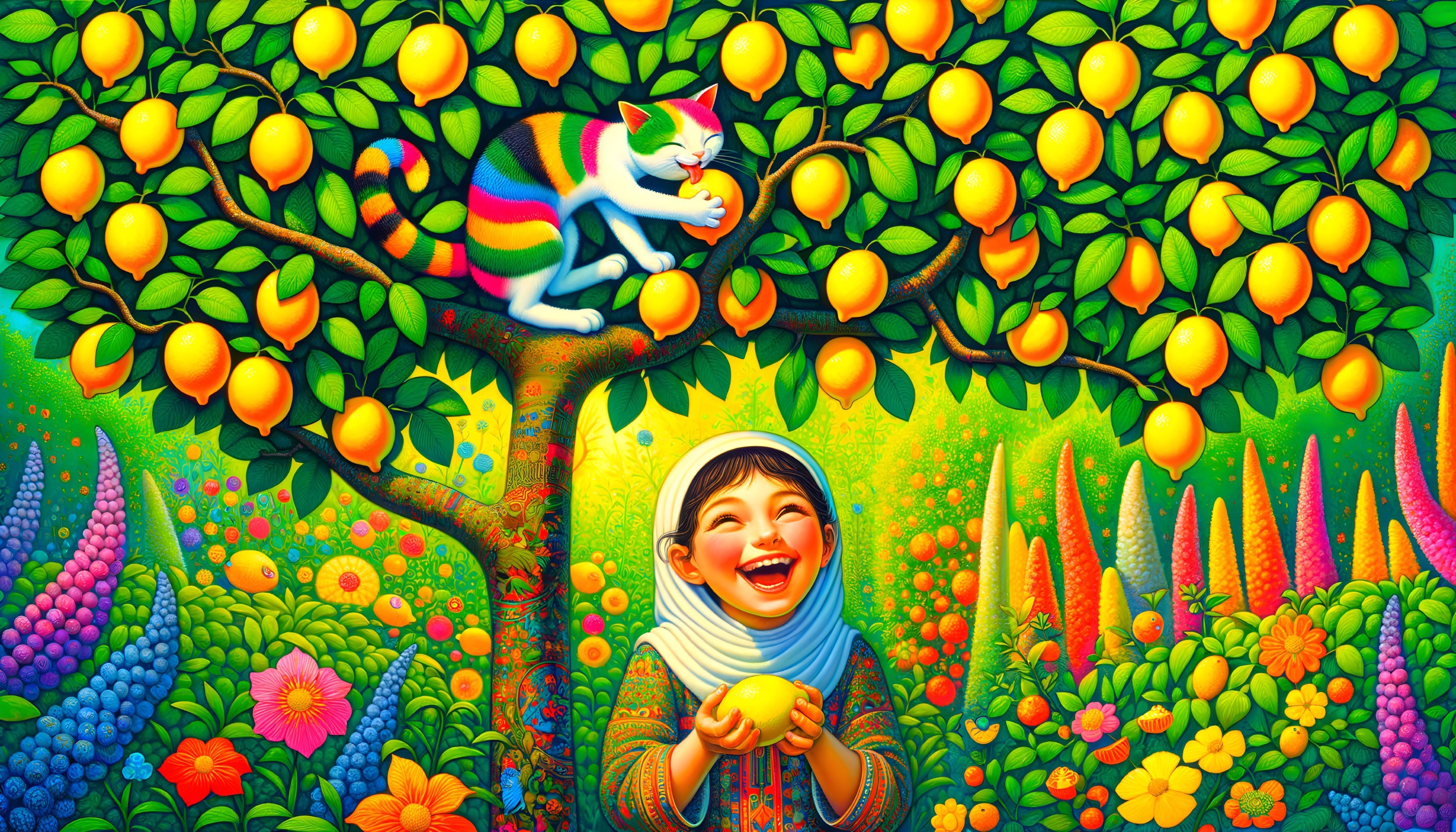 Joyful Child with Lemon Under Lush Lemon Tree