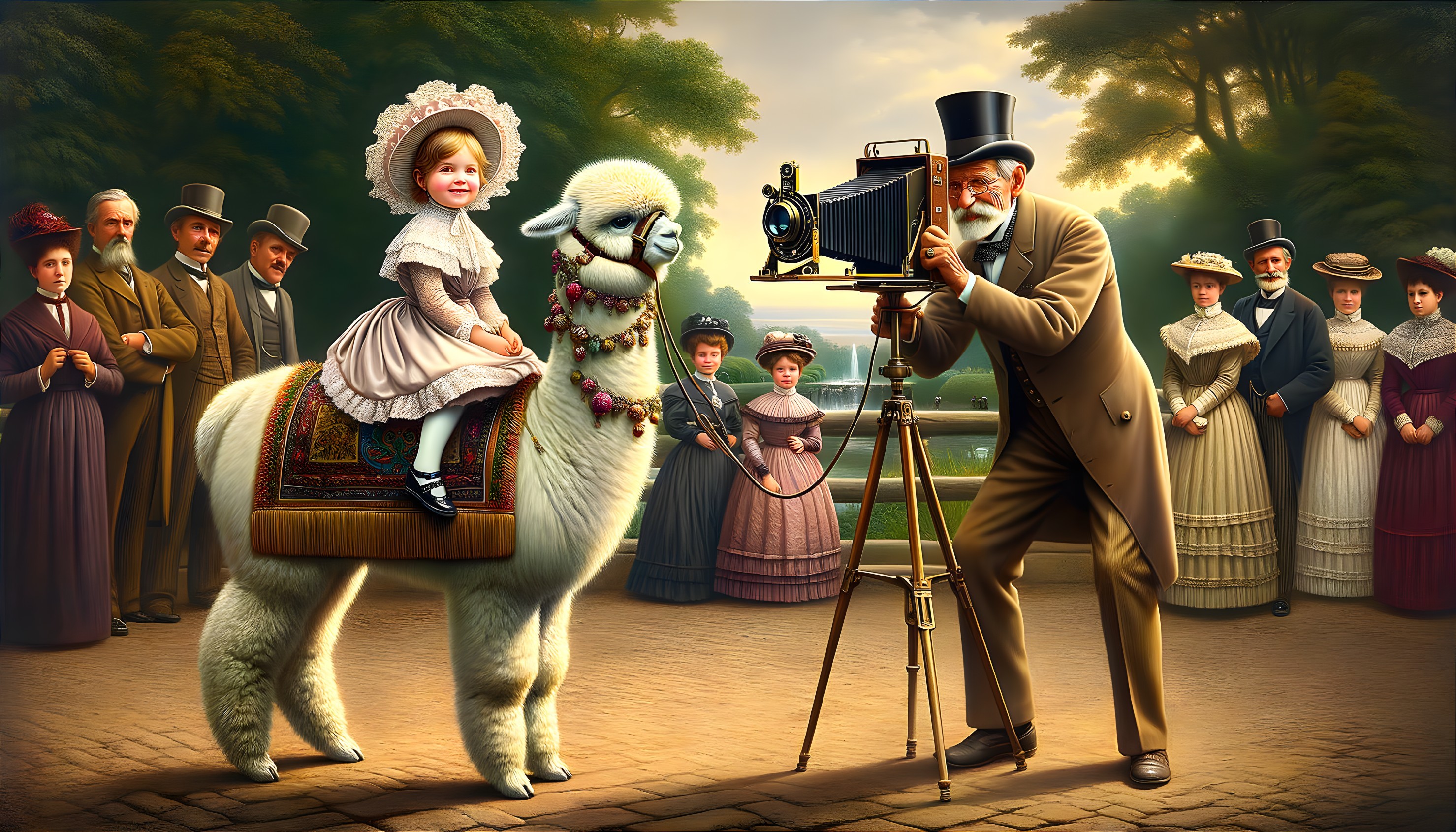 Vintage Park Scene with a Girl and a Llama