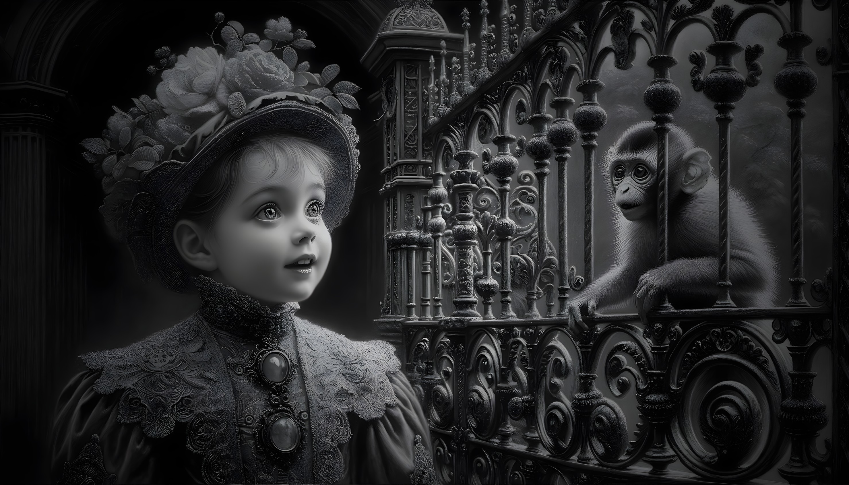 Young girl in vintage dress observing a monkey