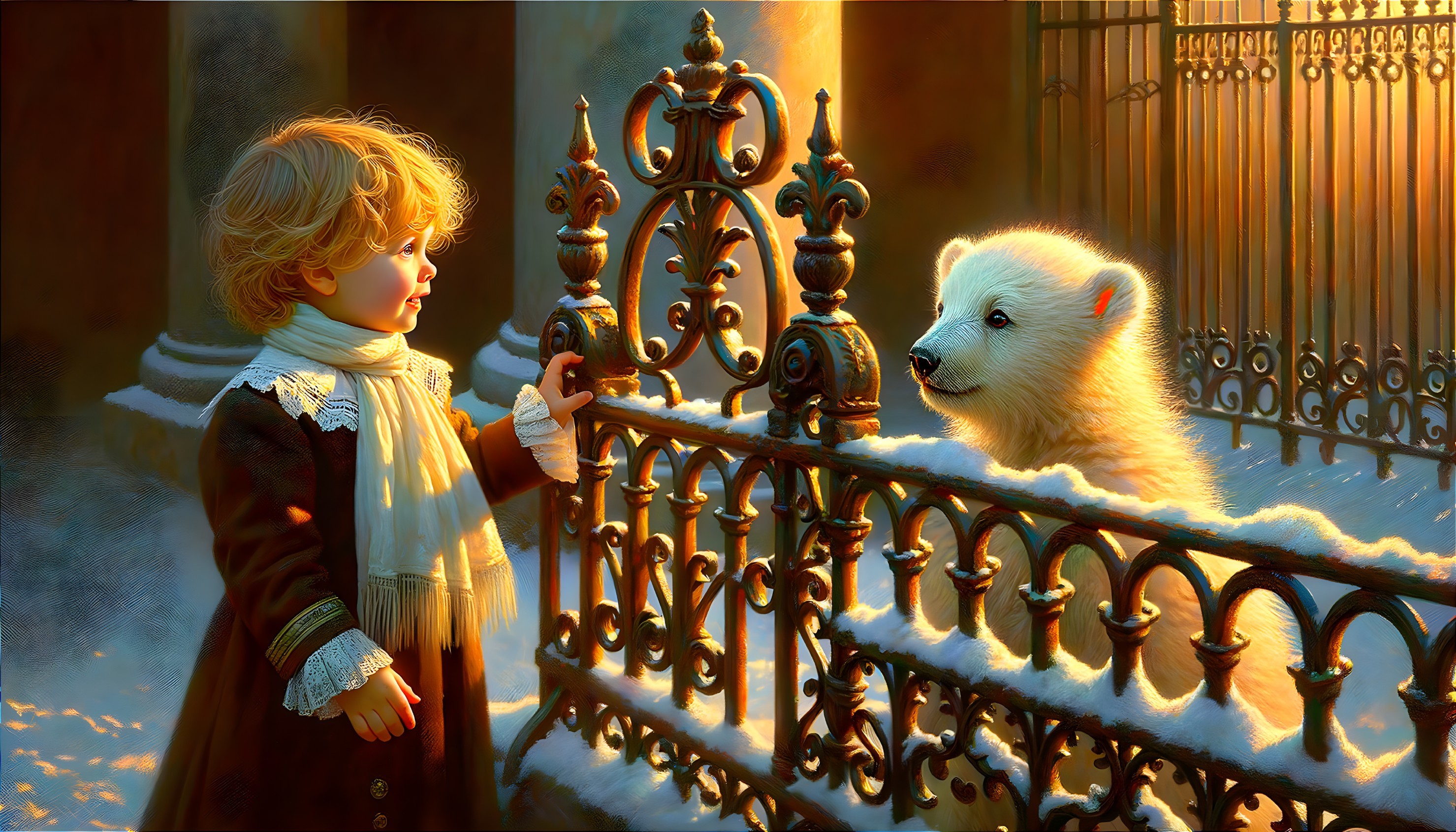 Child and Polar Bear Cub in a Winter Scene