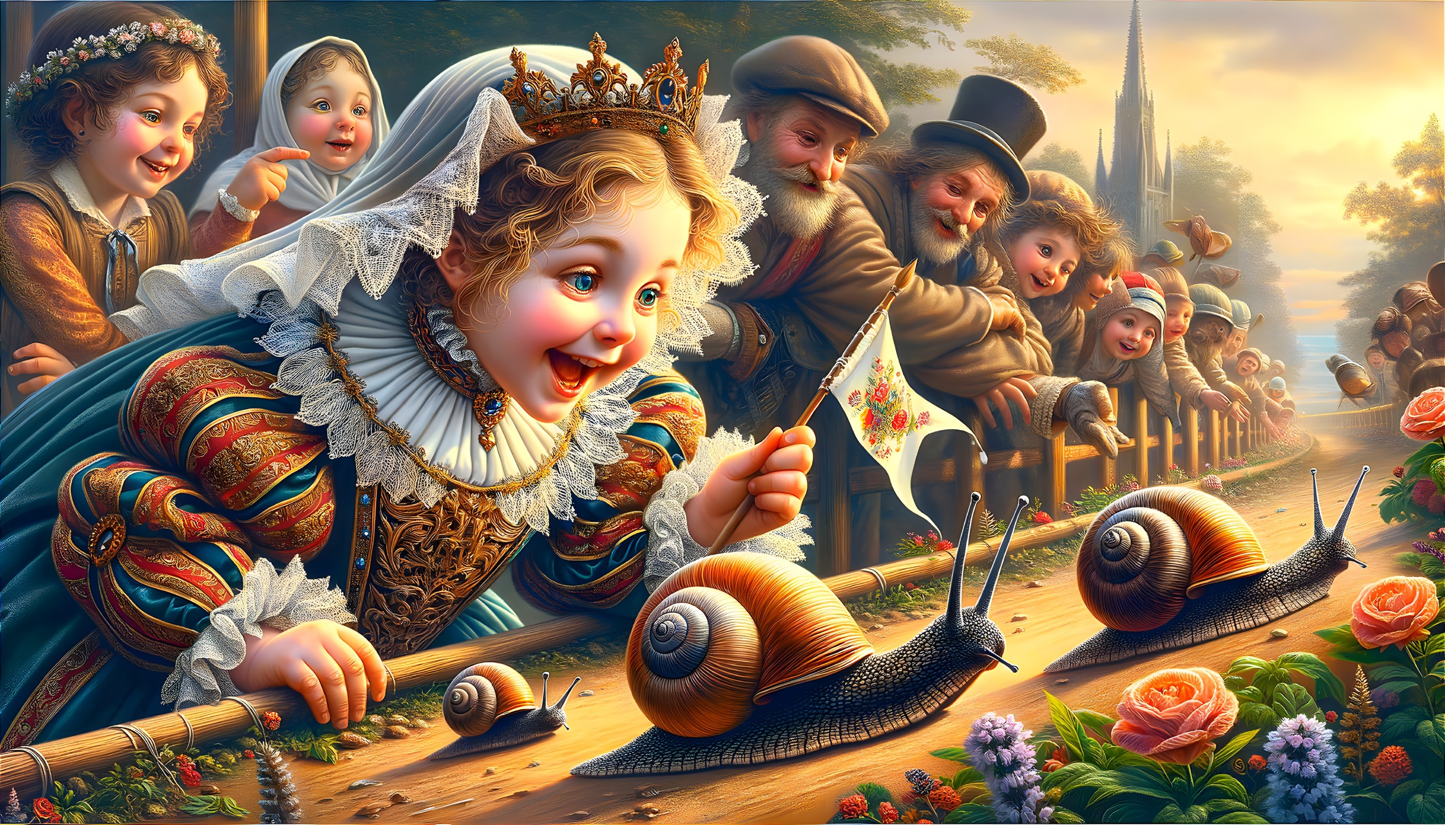 Fairytale Scene of a Girl Watching a Snail Race