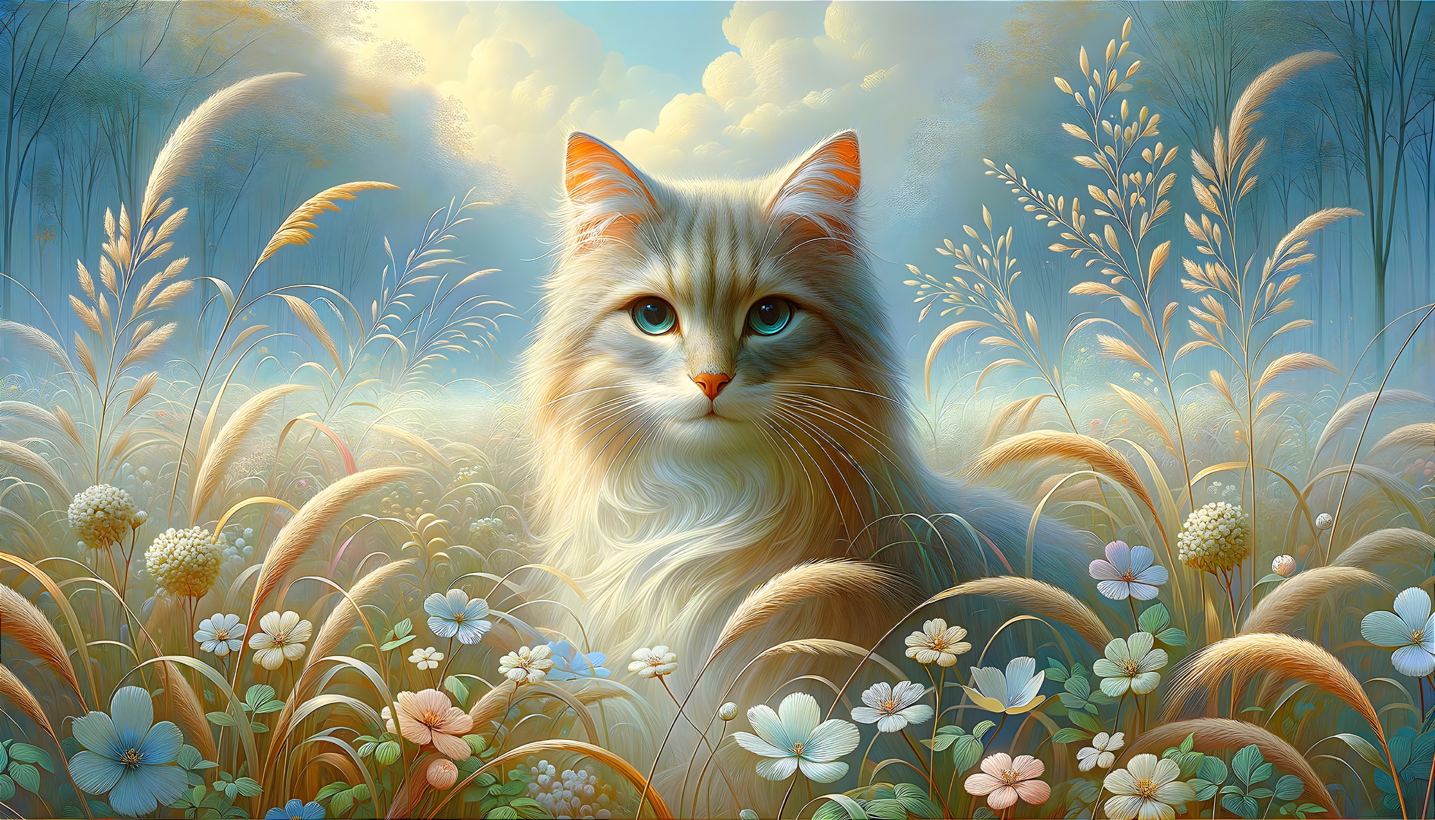 Fluffy Cat in a Pastel-Tinted Meadow Scene